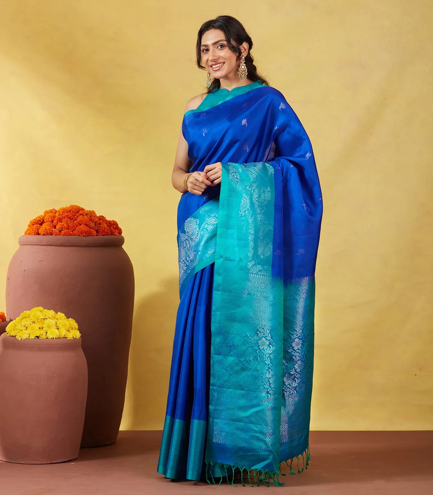 RmKV Blue Soft Silk Saree With Floral Zari Buttas & Contrast Border