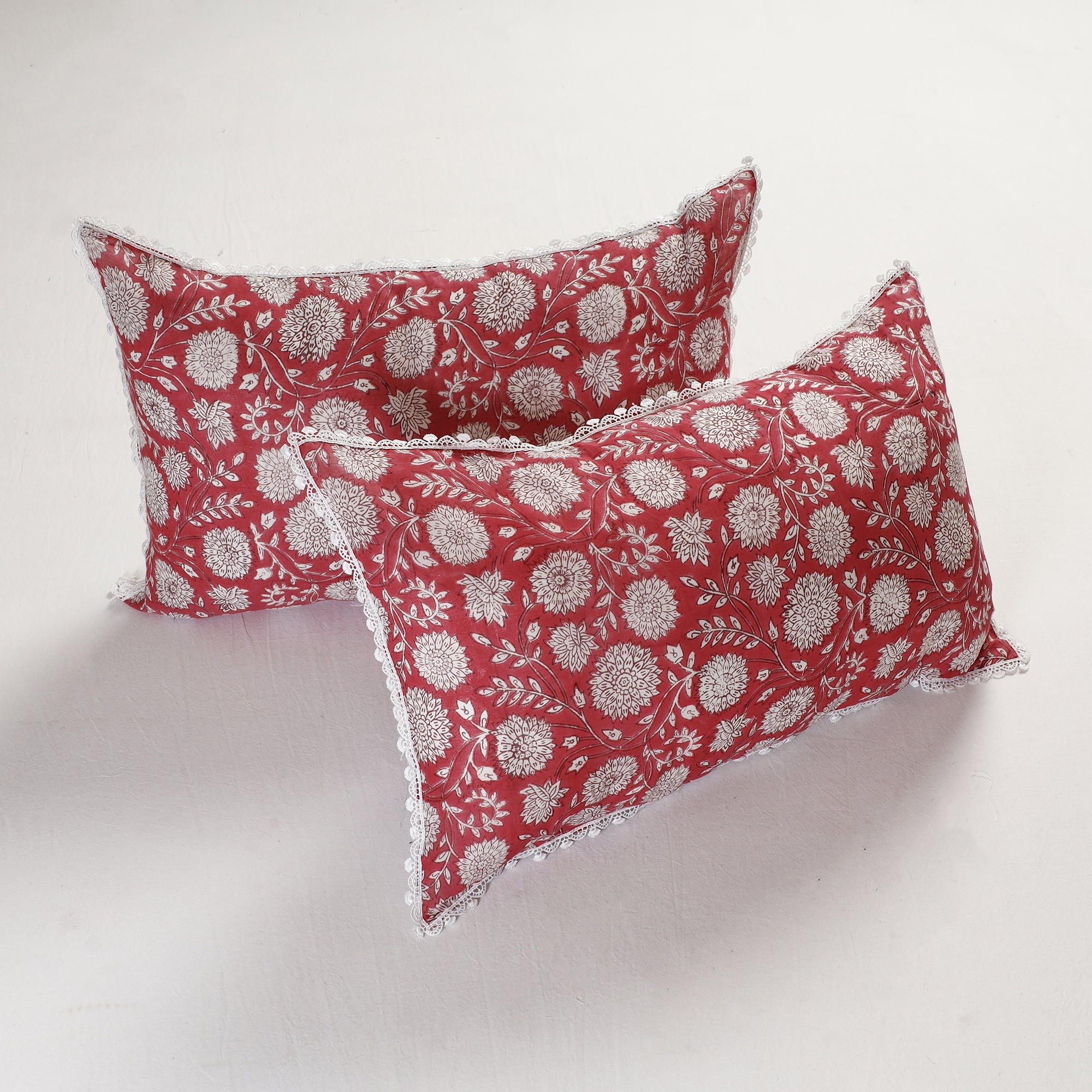 HAVELI CHRONICLES Sanganeri Block Printed Cotton Pillow Cover with Lace (26 x 16 in) - Set of 2