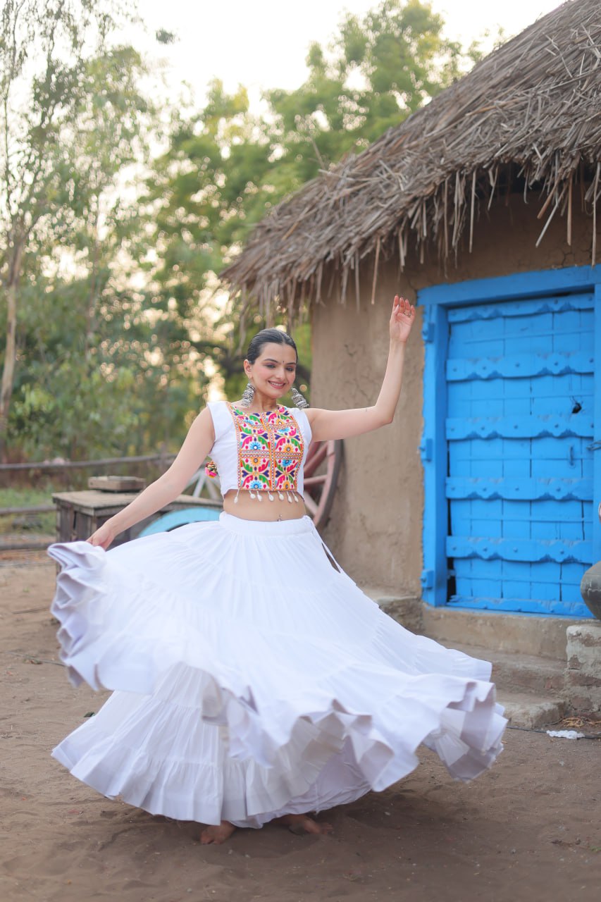 ClothsVilla White Traditional Reyon Lehenga Set with Embroidered Blouse and Koti