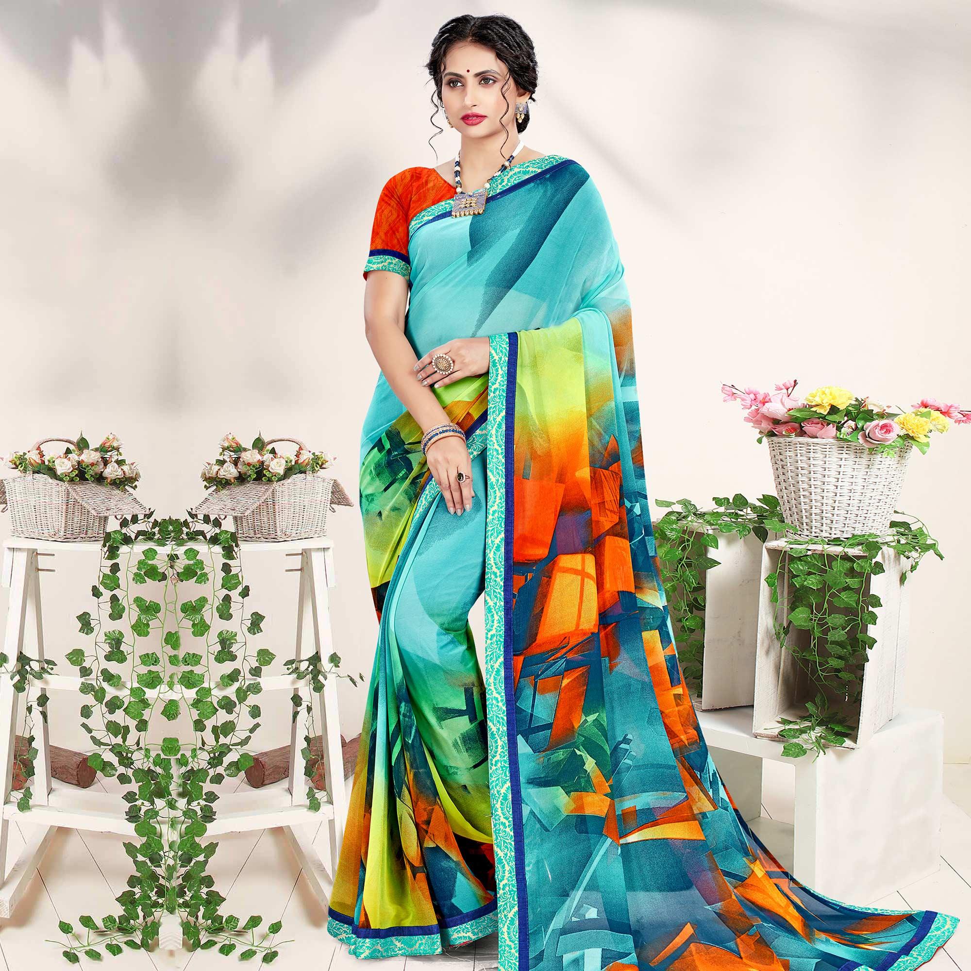 Peachmode Imposing Blue Colored Casual Wear Printed Georgette Saree