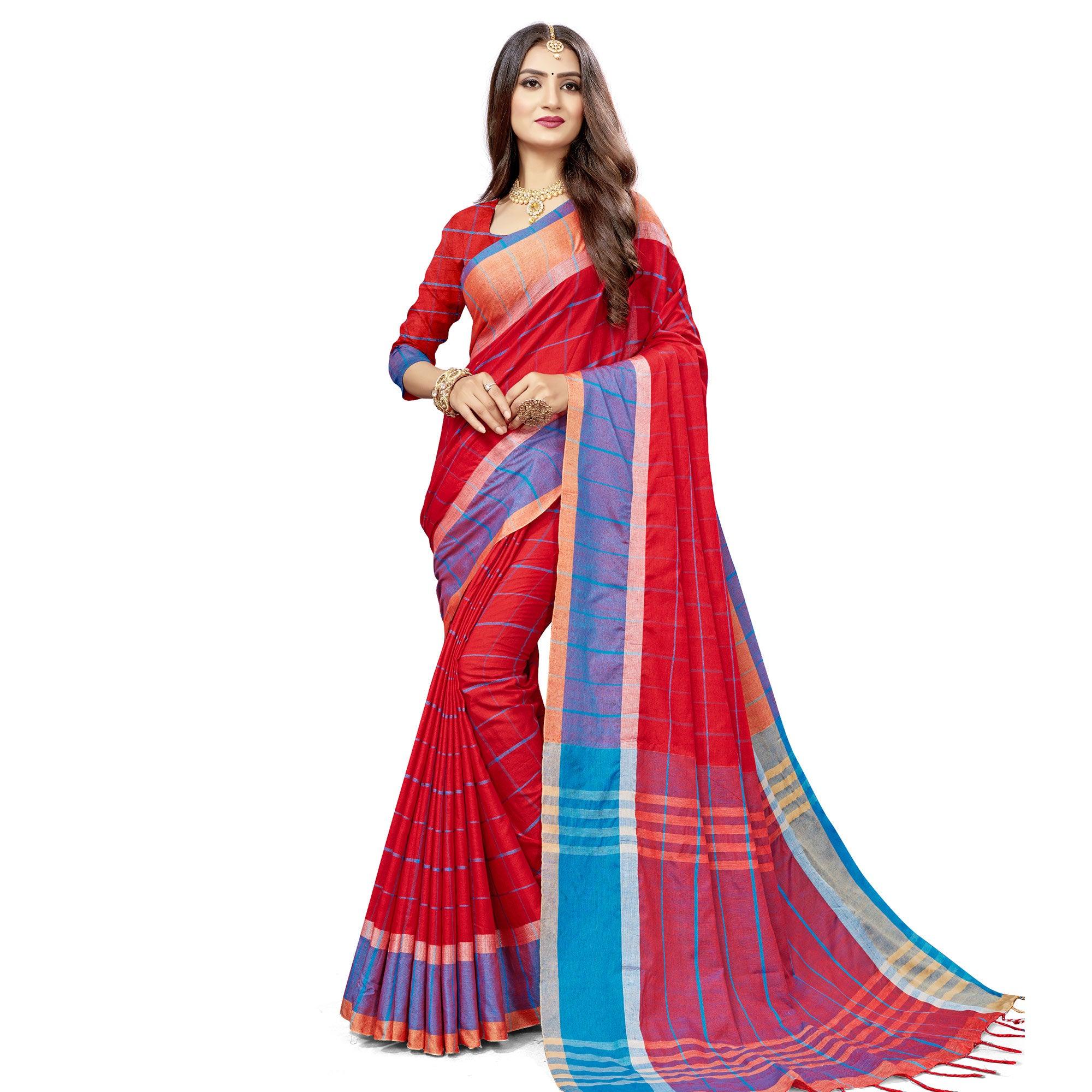 Peachmode Jazzy Red Colored Festive Wear Stripe Printed Cotton Silk Saree With Tassels