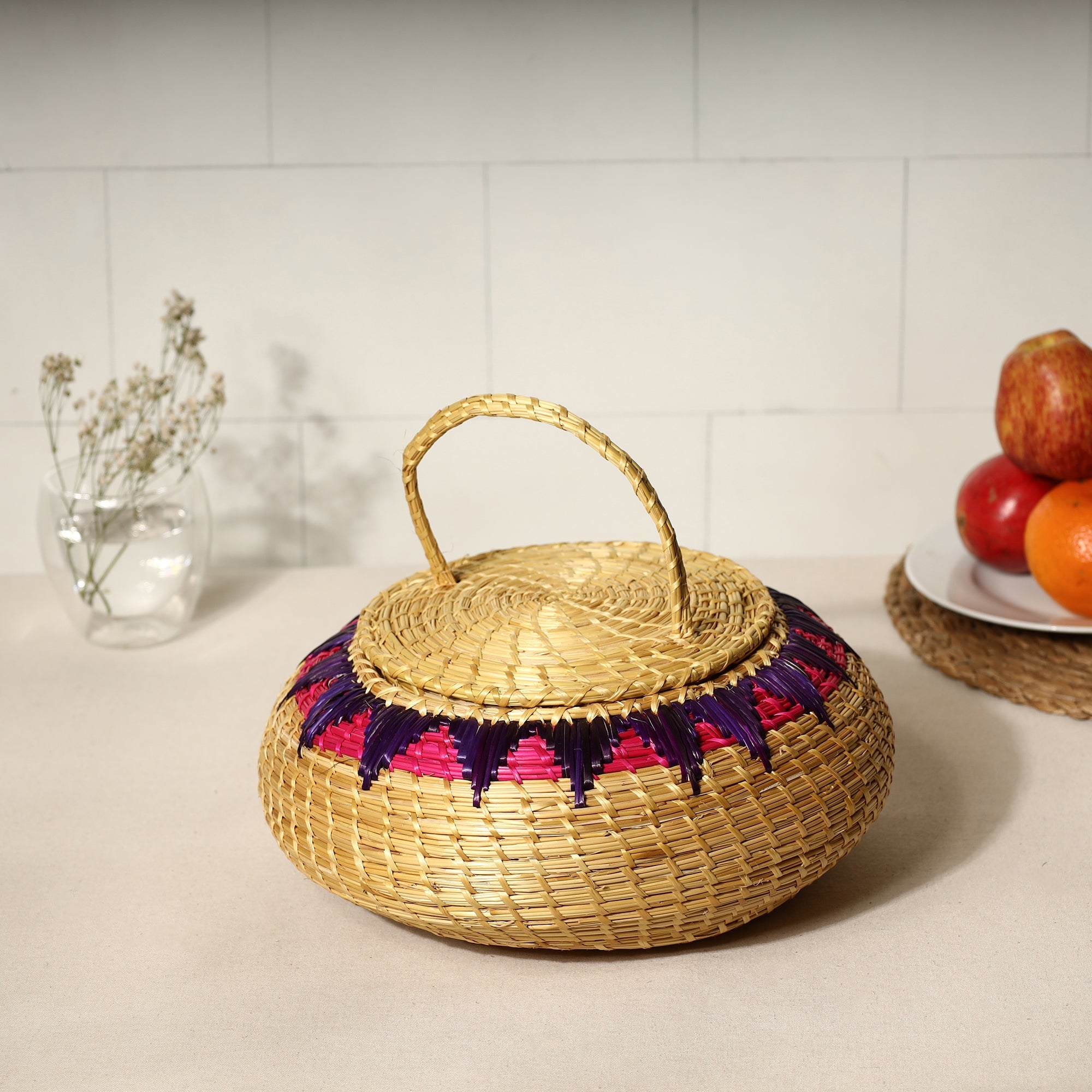ITOKRI CRAFTS INITIATIVE Beige - Handmade Sikki Grass Multipurpose Basket with Lid (Big)