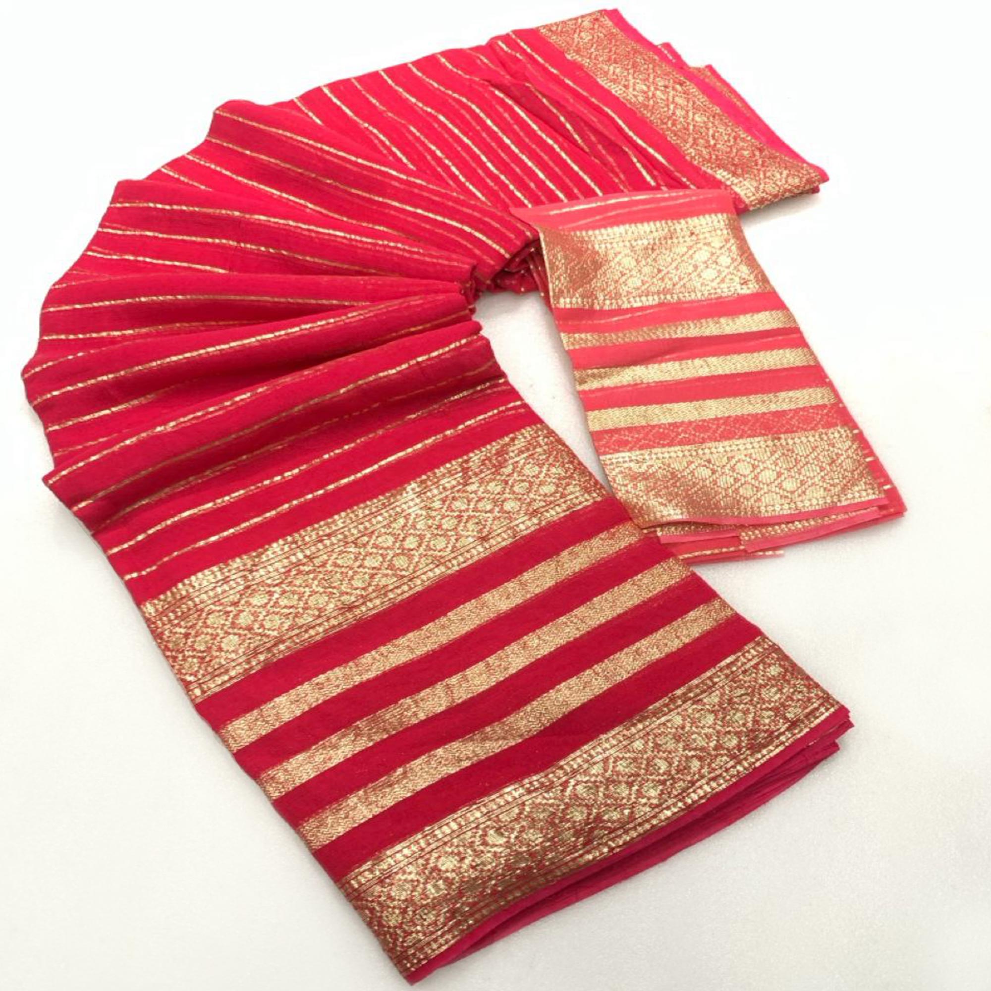 Peachmode Gajari Pink Striped Zari Woven Viscose Saree