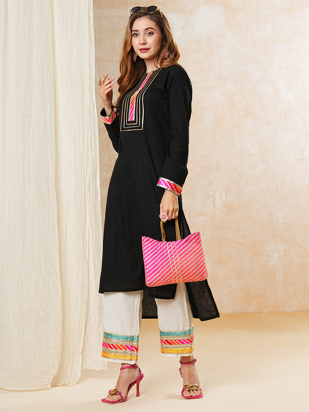 Fashor Solid Gota Embroidered Straight High-Low Kurta with Palazzo - Black