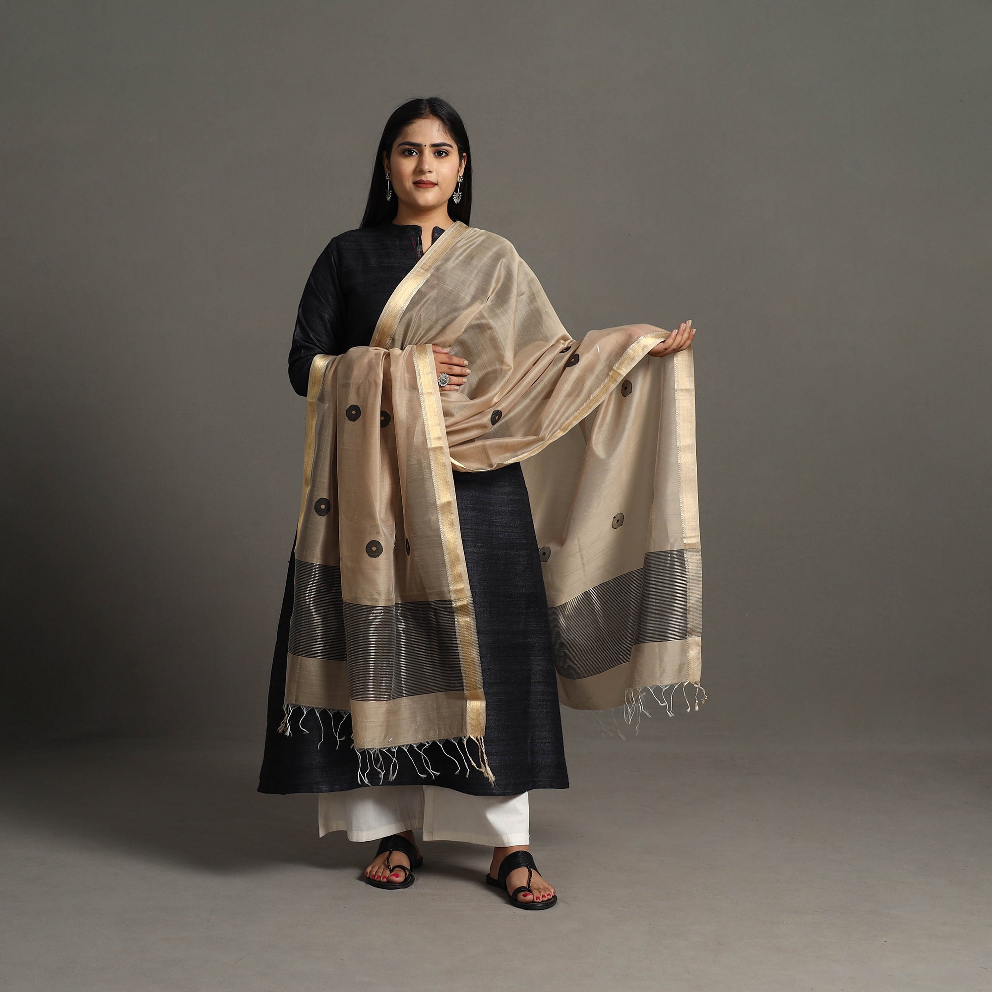 ITOKRI CRAFTS INITIATIVE Beige - Handloom Silk Cotton Circle Buti Maheshwari Dupatta 34