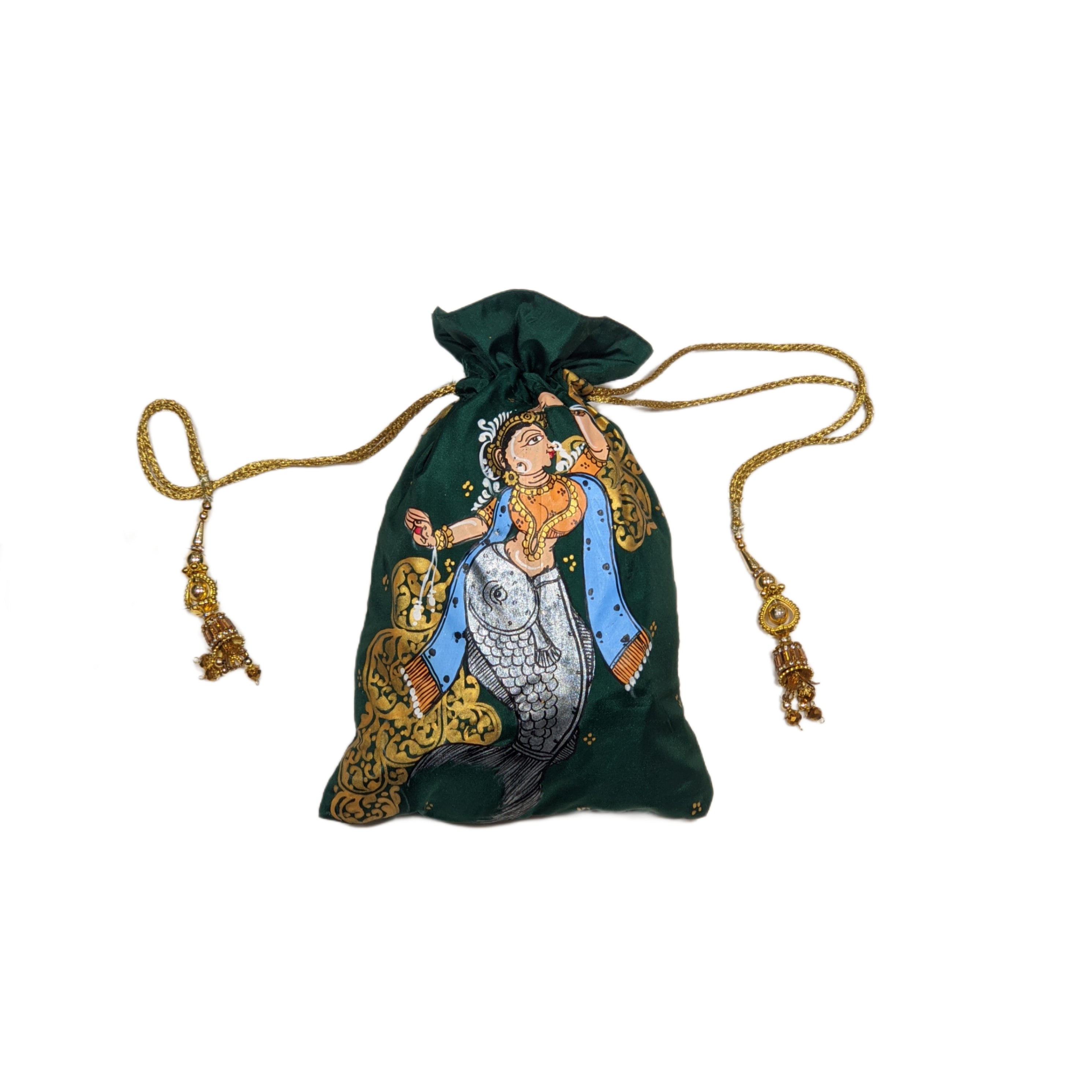 IndianVillèz Green Matsya Kanya Nartaki Pattachitra Potli Bag