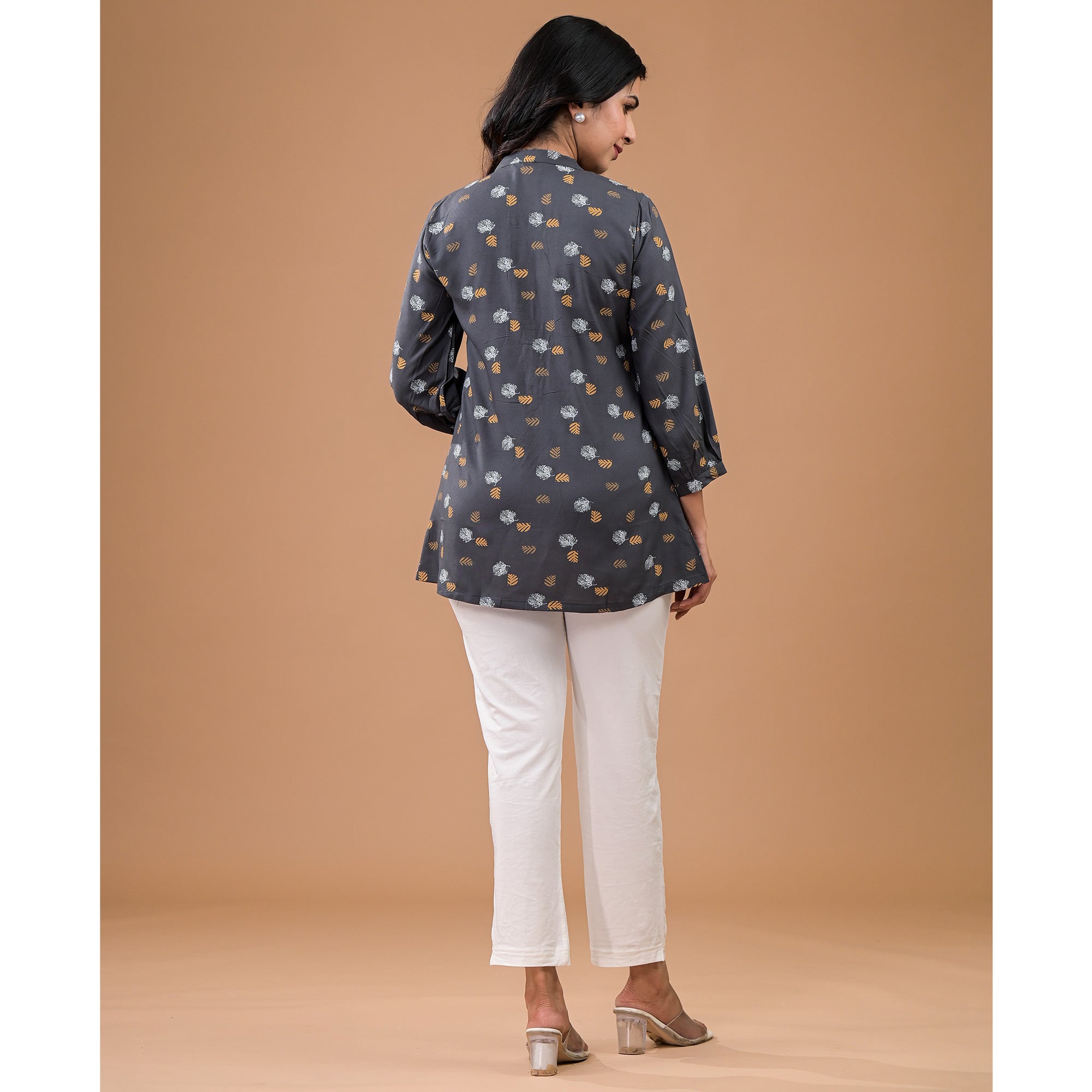 Peachmode Grey Printed Rayon Top - view 7