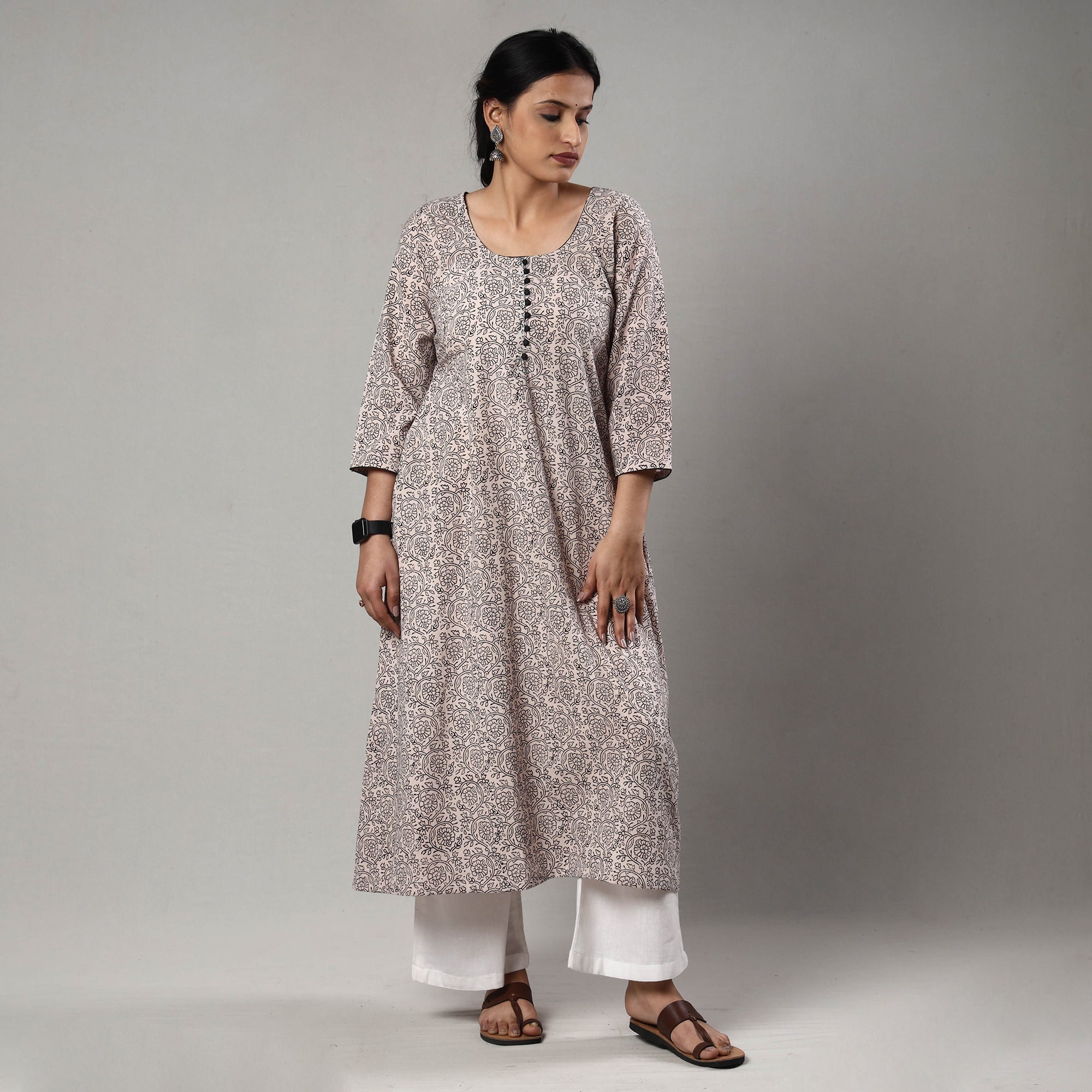 ITOKRI CASUALS Beige - White & Black - Block Print Cotton A-Line Bagh Kurta - view 3