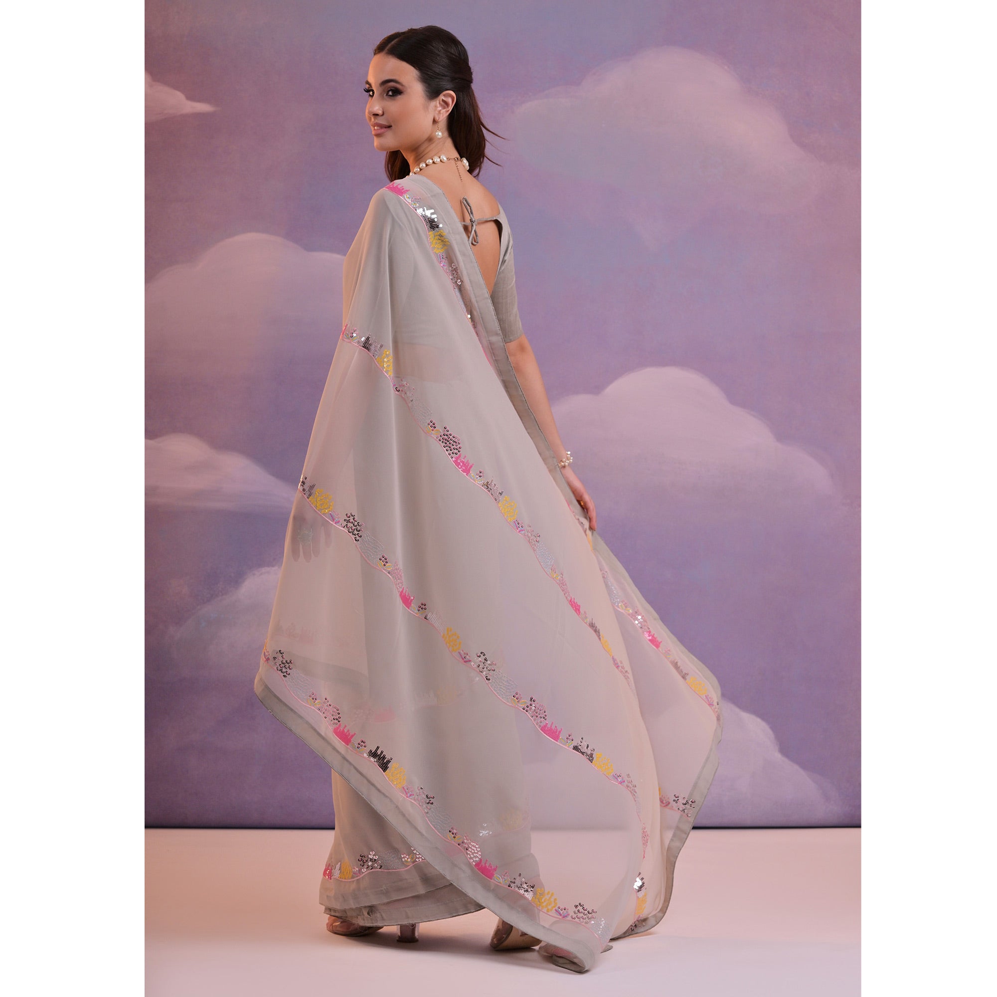 Peachmode Grey Sequins Embroidered Georgette Saree With Lace Border - view 5