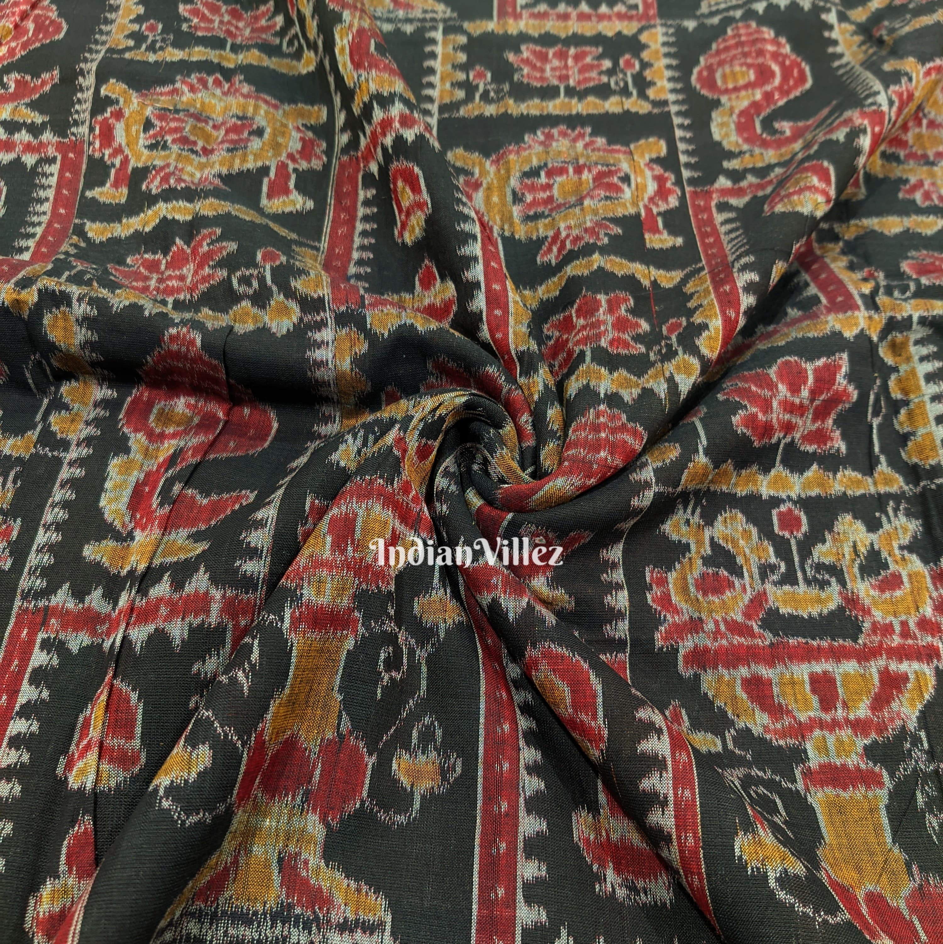 IndianVillèz Black Lotus & Sankha Sambalpuri Ikat Cotton Fabric