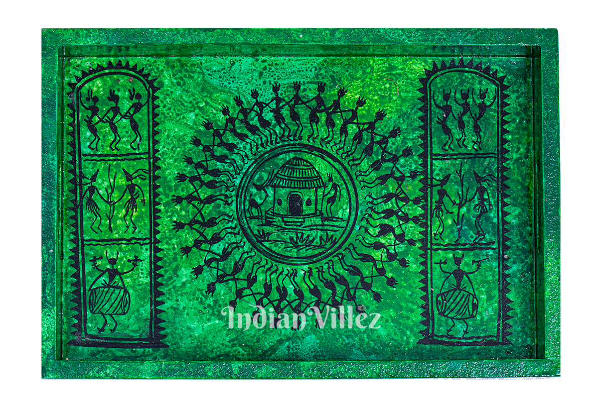 IndianVillèz Saura Art Themed Hand Painted Tray with Coasters - view 3