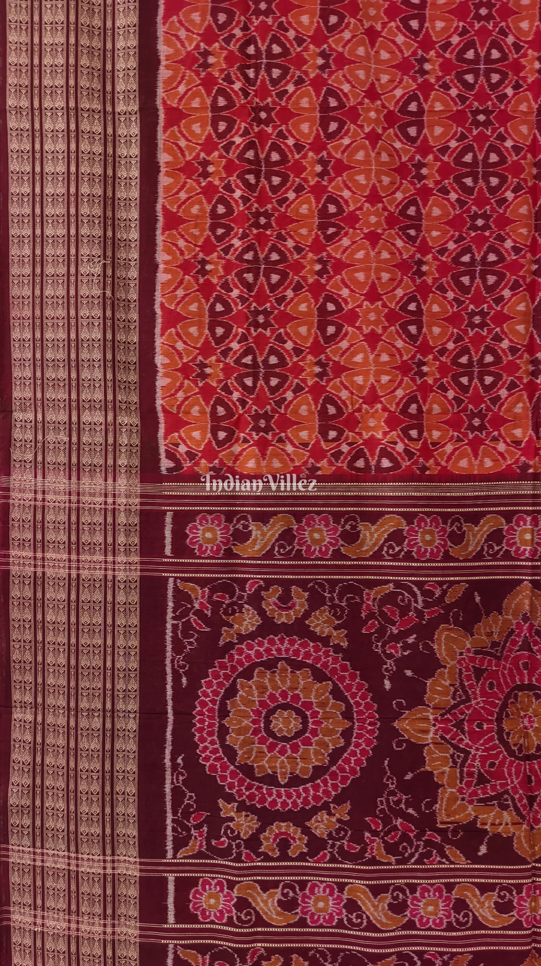 IndianVillèz Brick Red Base Flower Design Sambalpuri Pure Cotton Saree - view 3