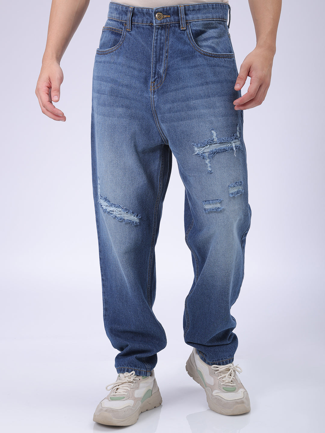 The Indian Garage Co Men's Blue Loose Tapered Fit Solid Distressed Overdyed Jeans