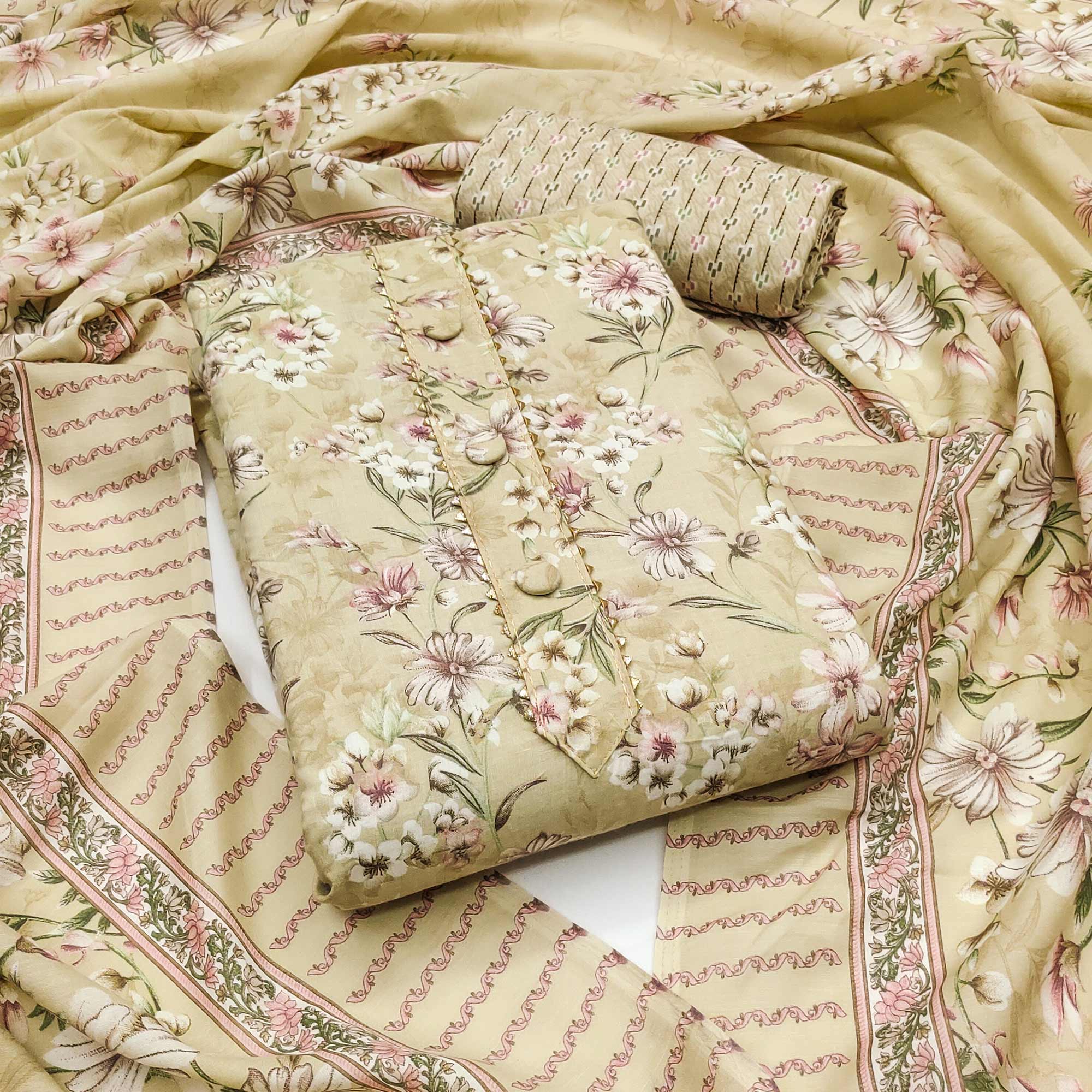 Peachmode Light Yellow Floral Printed Cotton Blend Dress Material