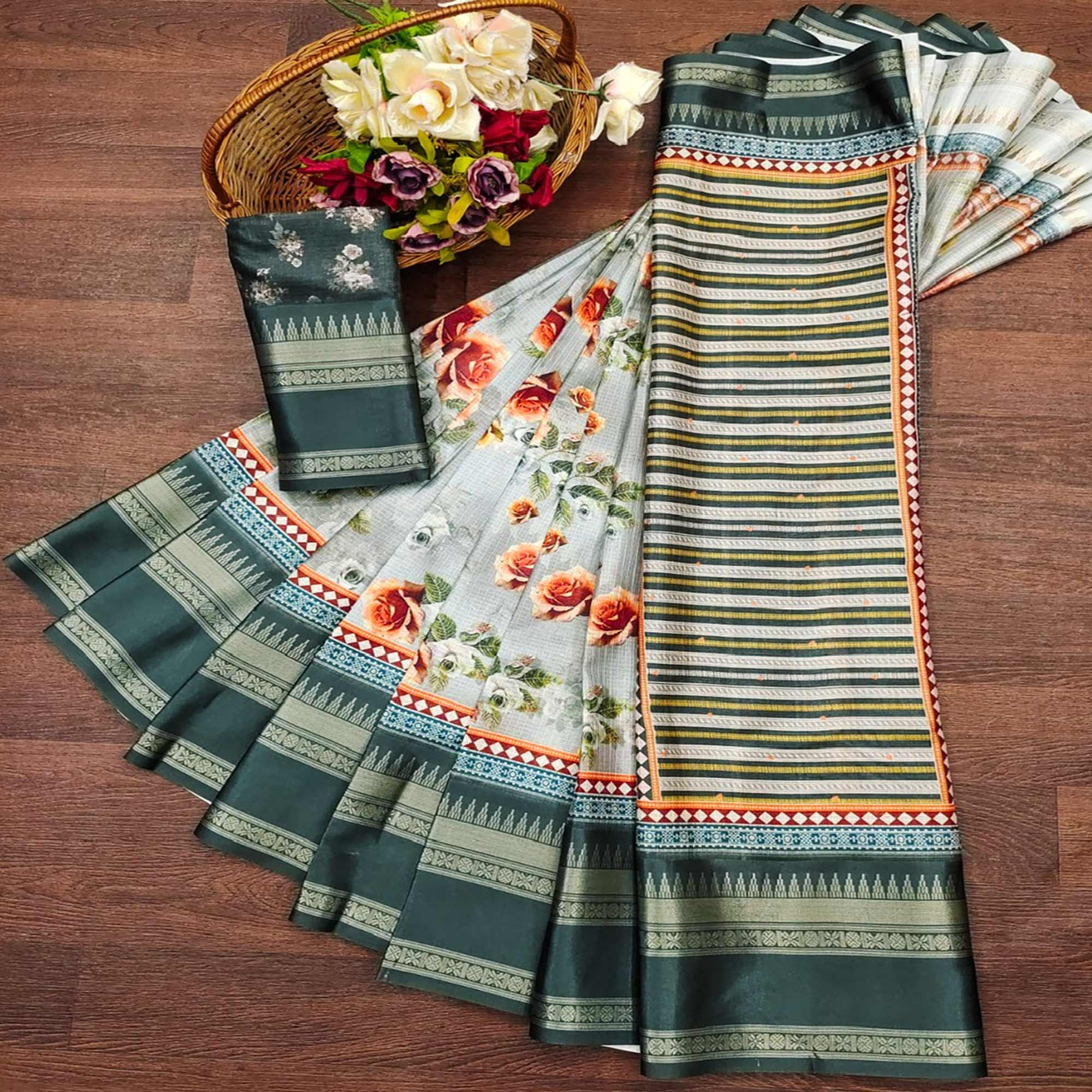 Peachmode Dark Grey Floral Digital Printed Cotton Silk Saree