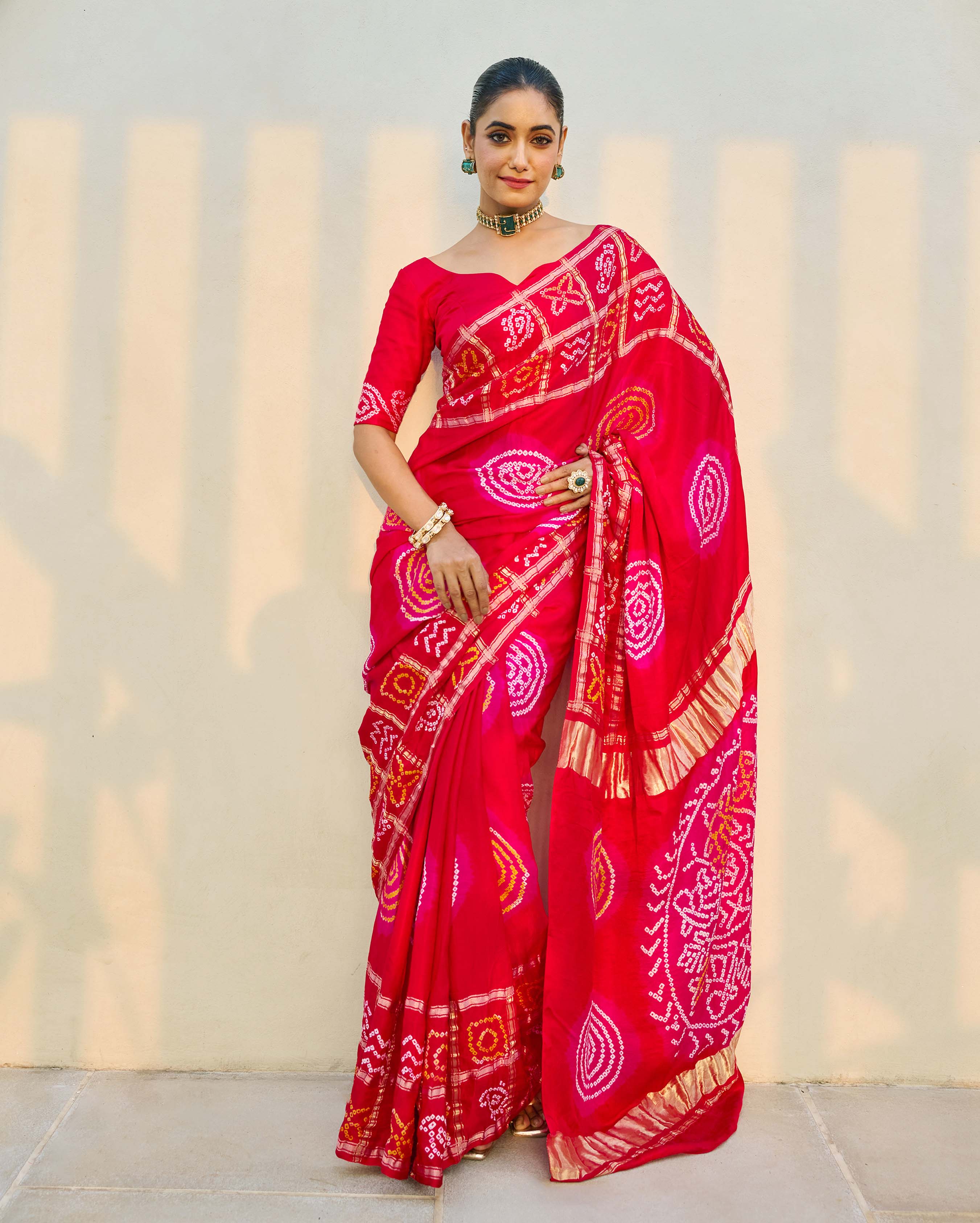 Aachho Moonlit Harmony Red Silk Bandhani Saree - view 2