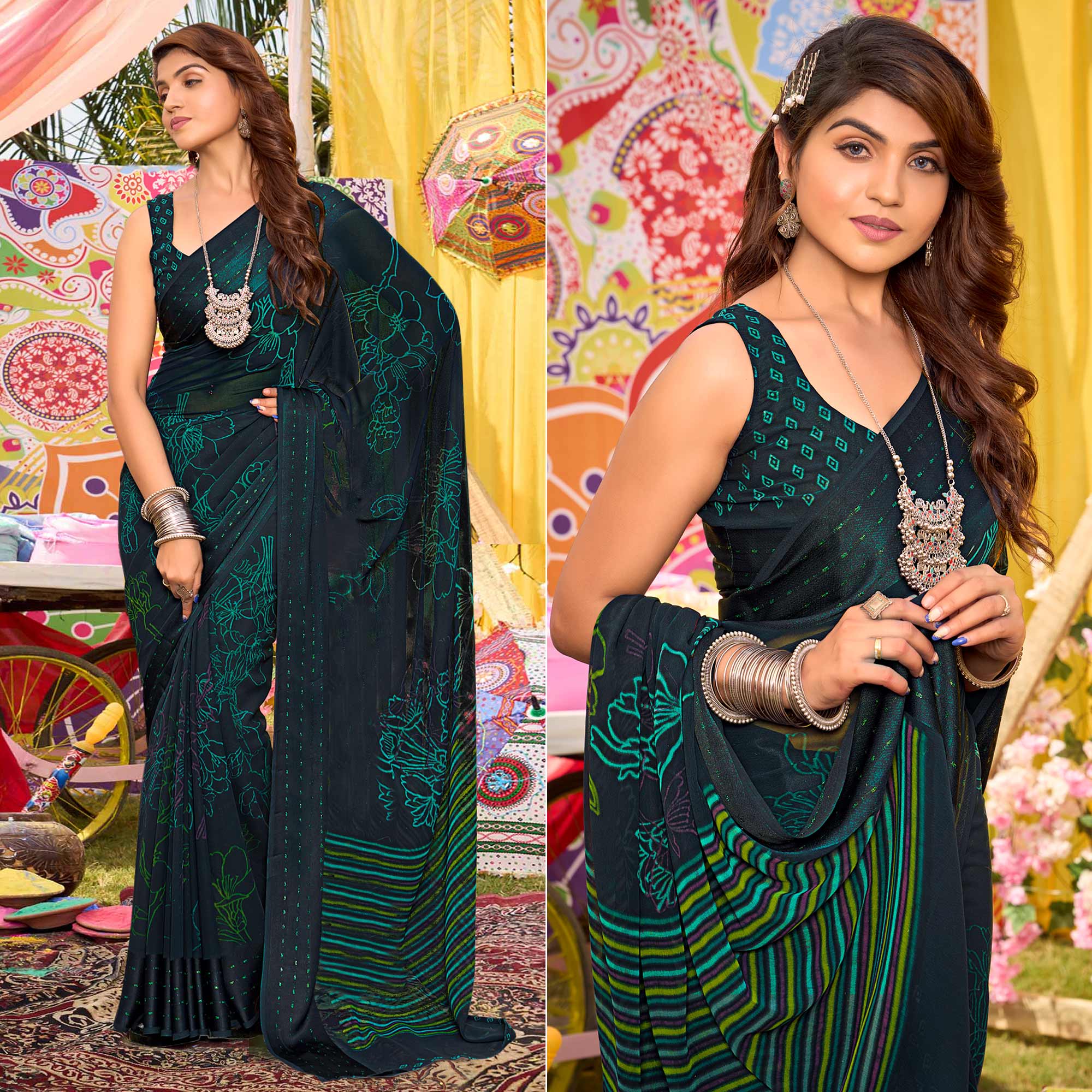 Peachmode Morpich Blue Floral Printed Georgette Saree With Woven Border