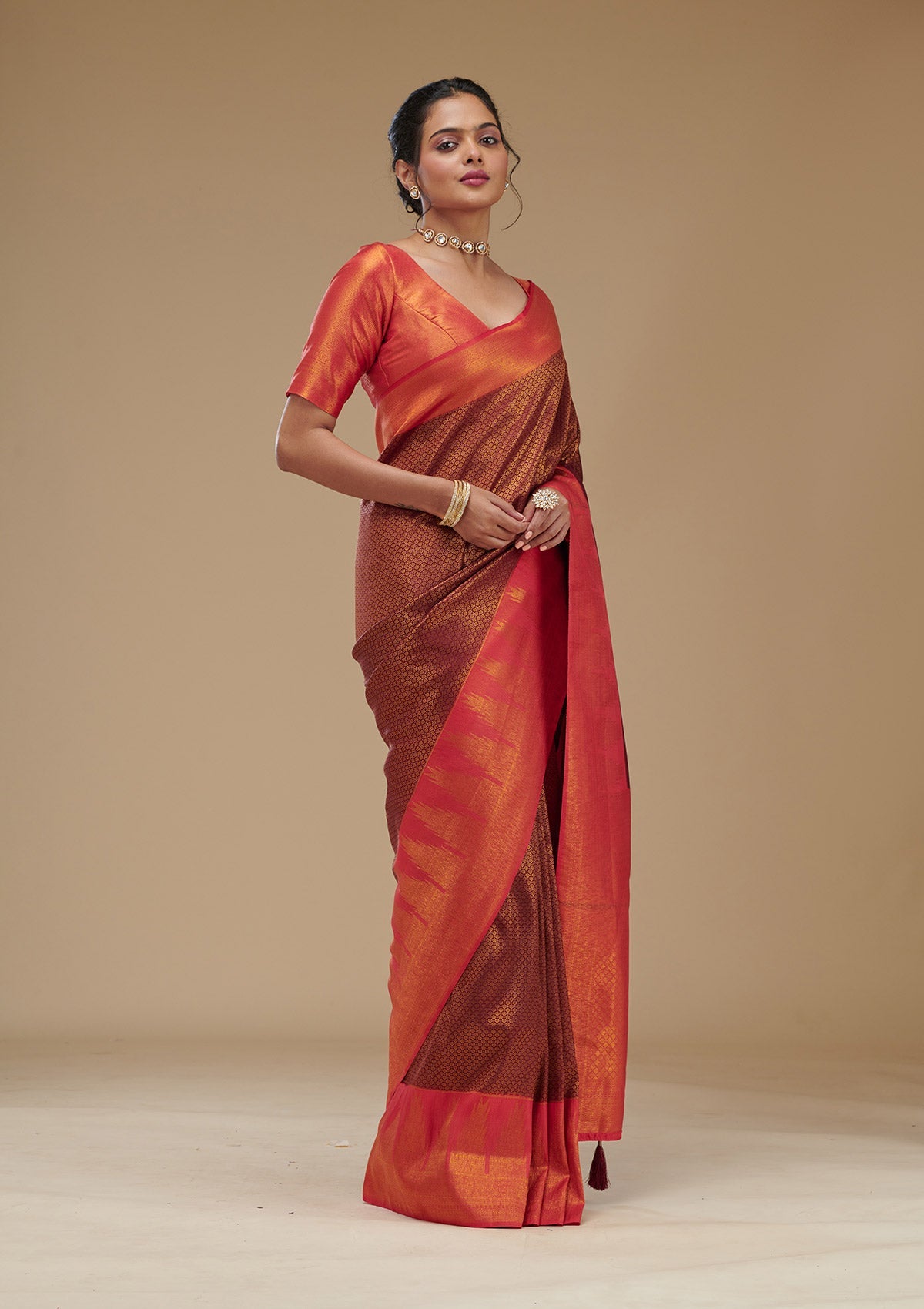 Koskii Wine Zariwork Art Silk Saree – Women's - view 5