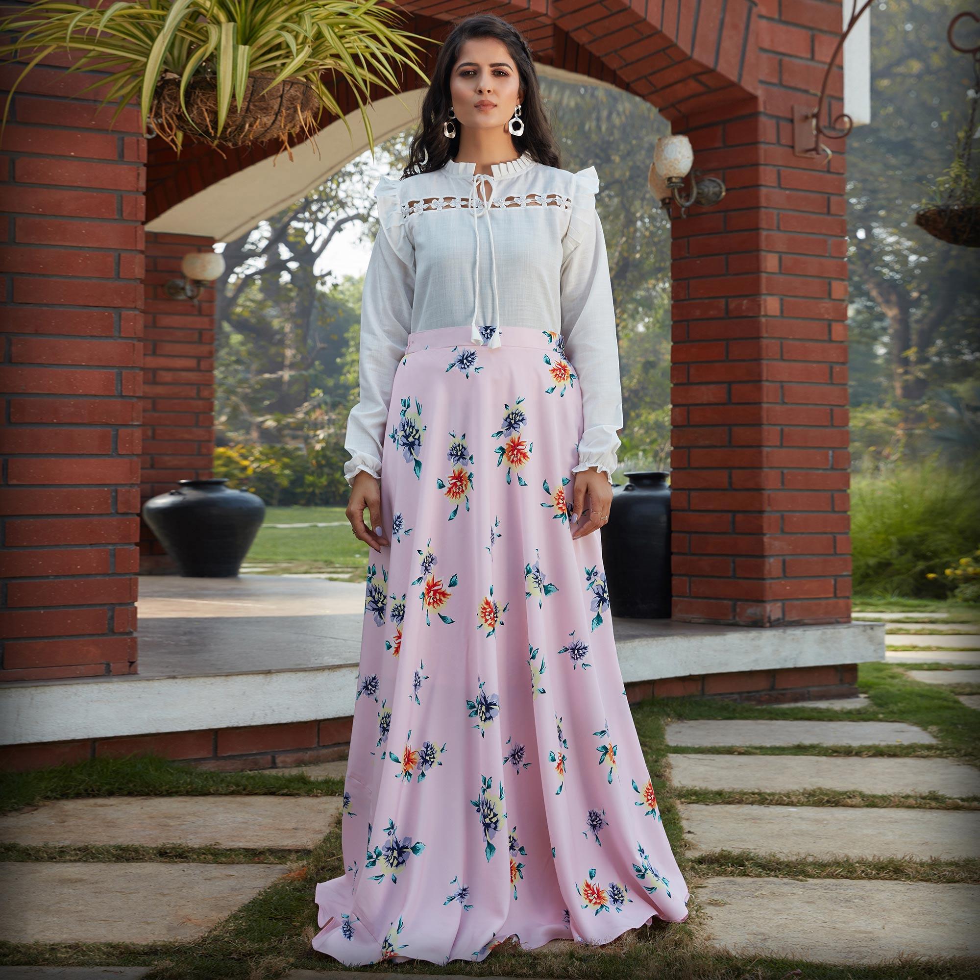 Peachmode Seller Dazzling White - Pink Colored Casual Wear Printed Western Crop Top - Skirt Set