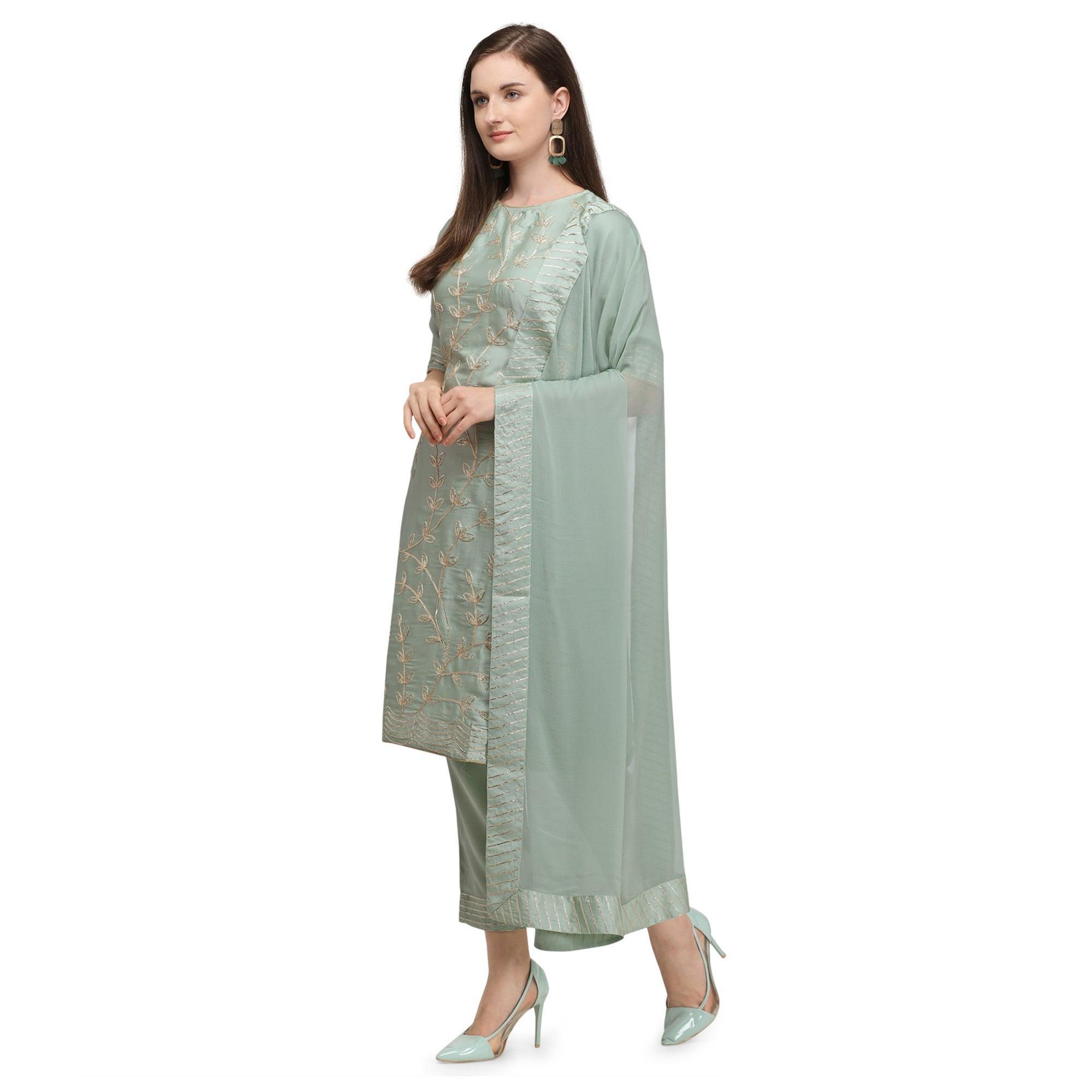 BlackTree green-floral-gotta-patti-embroidery-work-silk-partywear-suit-126173 - view 4