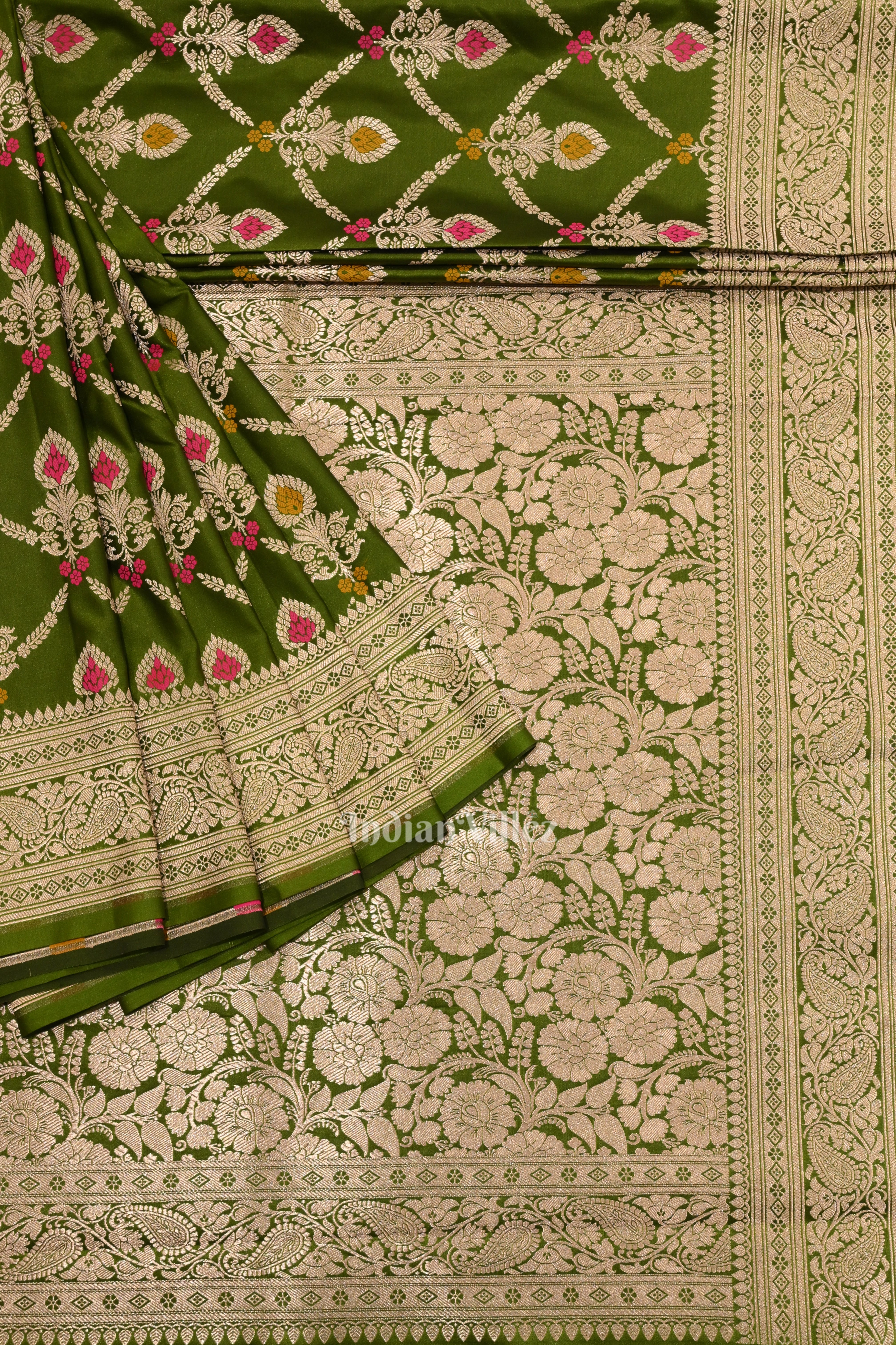 IndianVillèz Mehendi Green Meenakari Pure Mashru Satin Silk Banarasi Saree