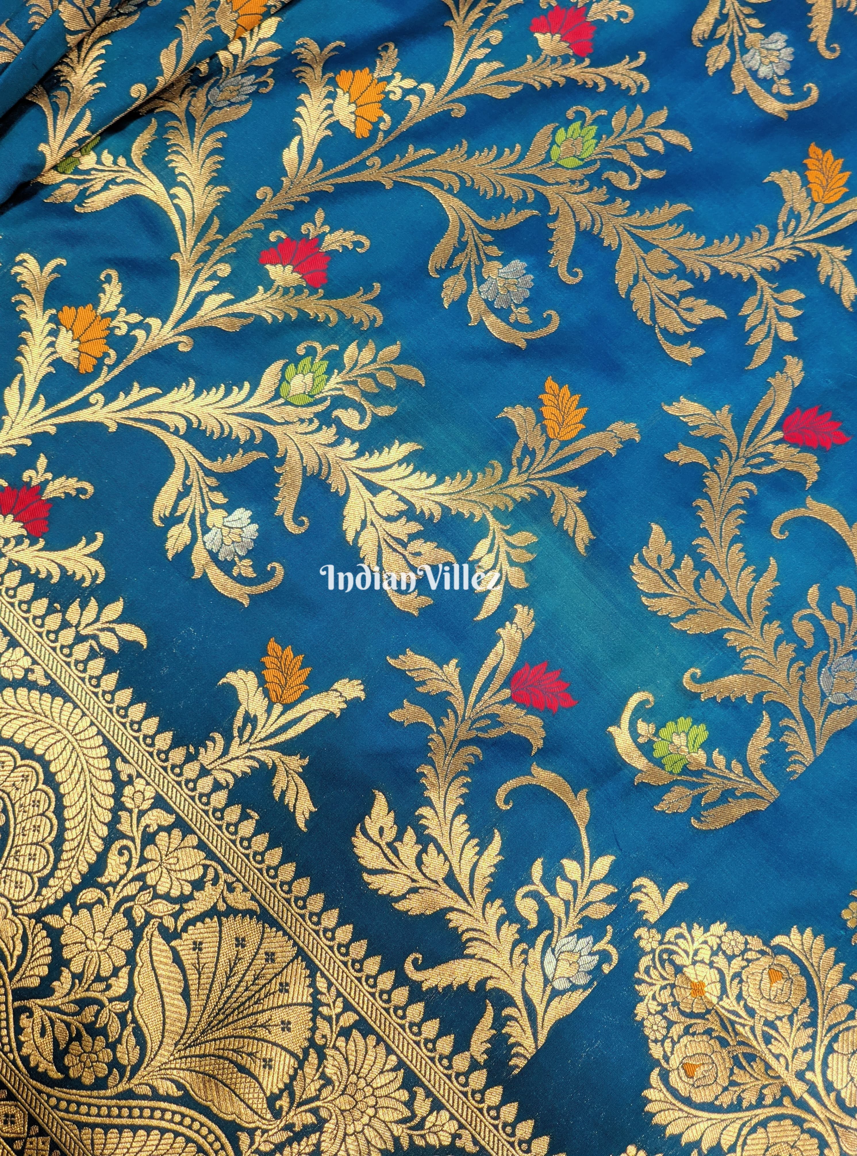 IndianVillèz Copper Sulfate Floral Design Pure Banarasi Katan Saree - view 3