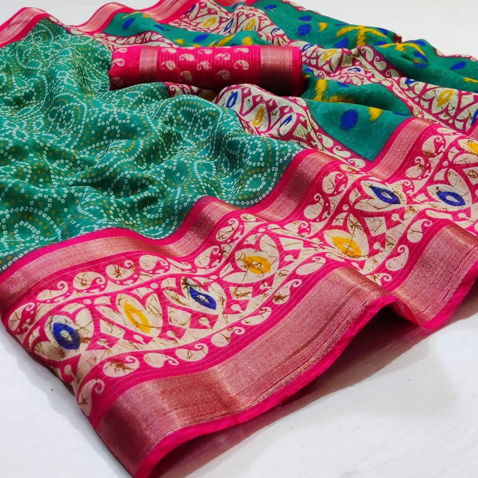 Peachmode Elegant Green Colored Casual Wear Printed Cotton Saree