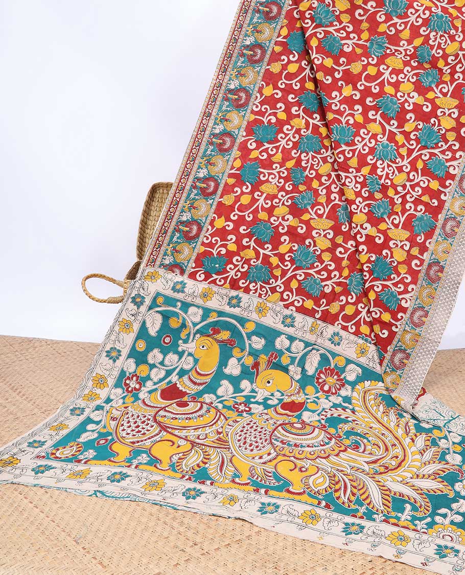 Pothys Red floral vine machine-printed kalamkari cotton saree, contrast tree motifs border & peacock pallu