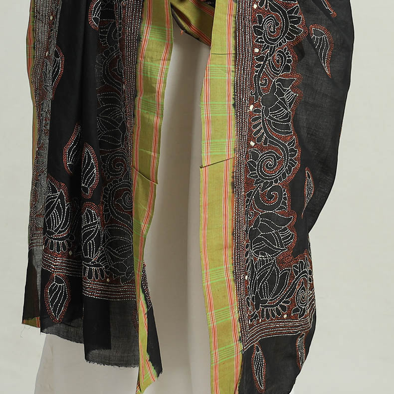 KHUSHBASH - HAPPY LOOM OF EAST Black - Bengal Kantha Embroidery Cotton Handloom Dupatta 121 - view 5