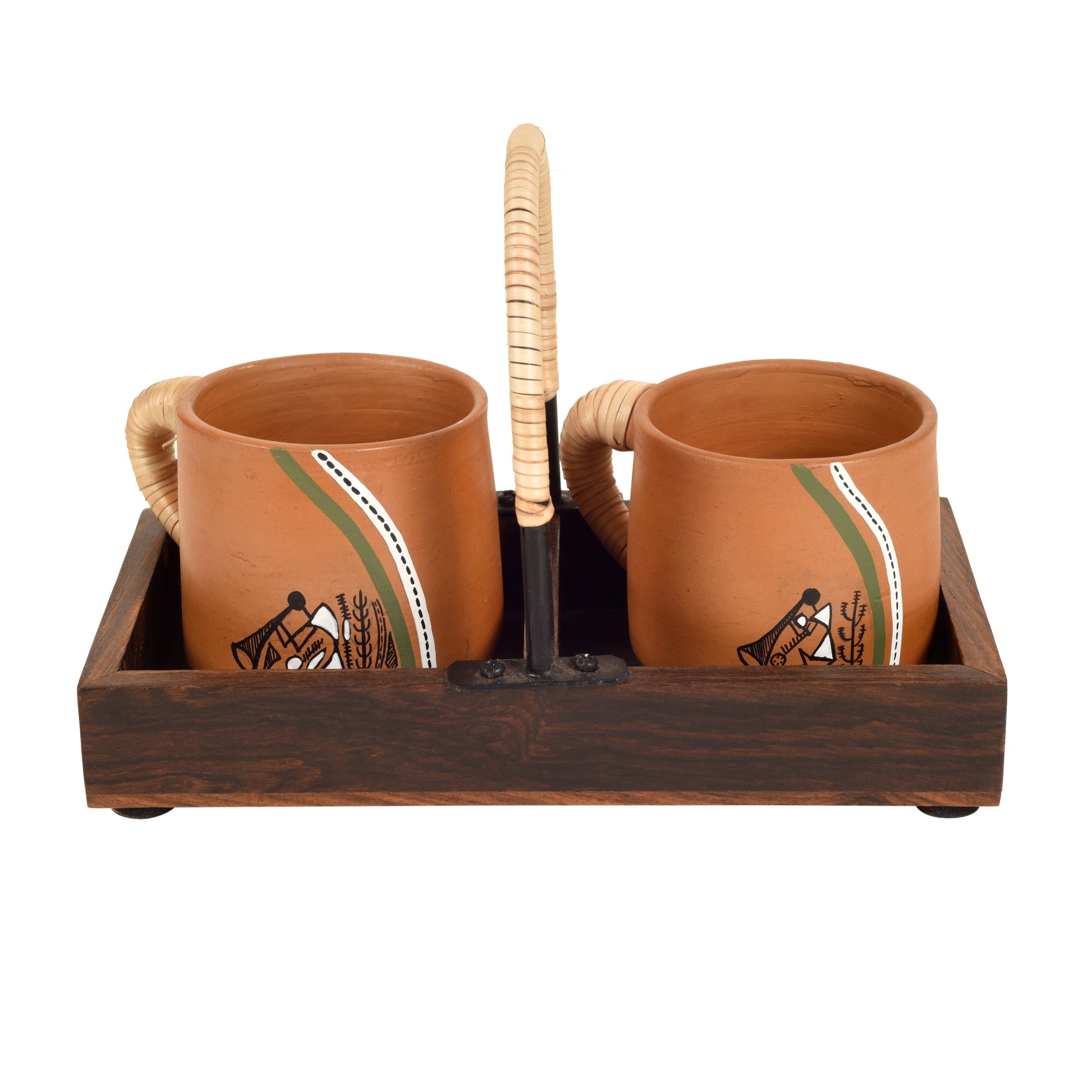 ART CREATIONS BY SUMAN SONTHALIA Brown - Happy Morning Earthen Cups with Cane Embellished Tray - view 4