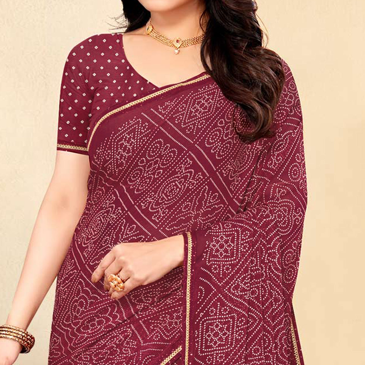 Peachmode Maroon Bandhani Printed Chiffon Saree - view 2
