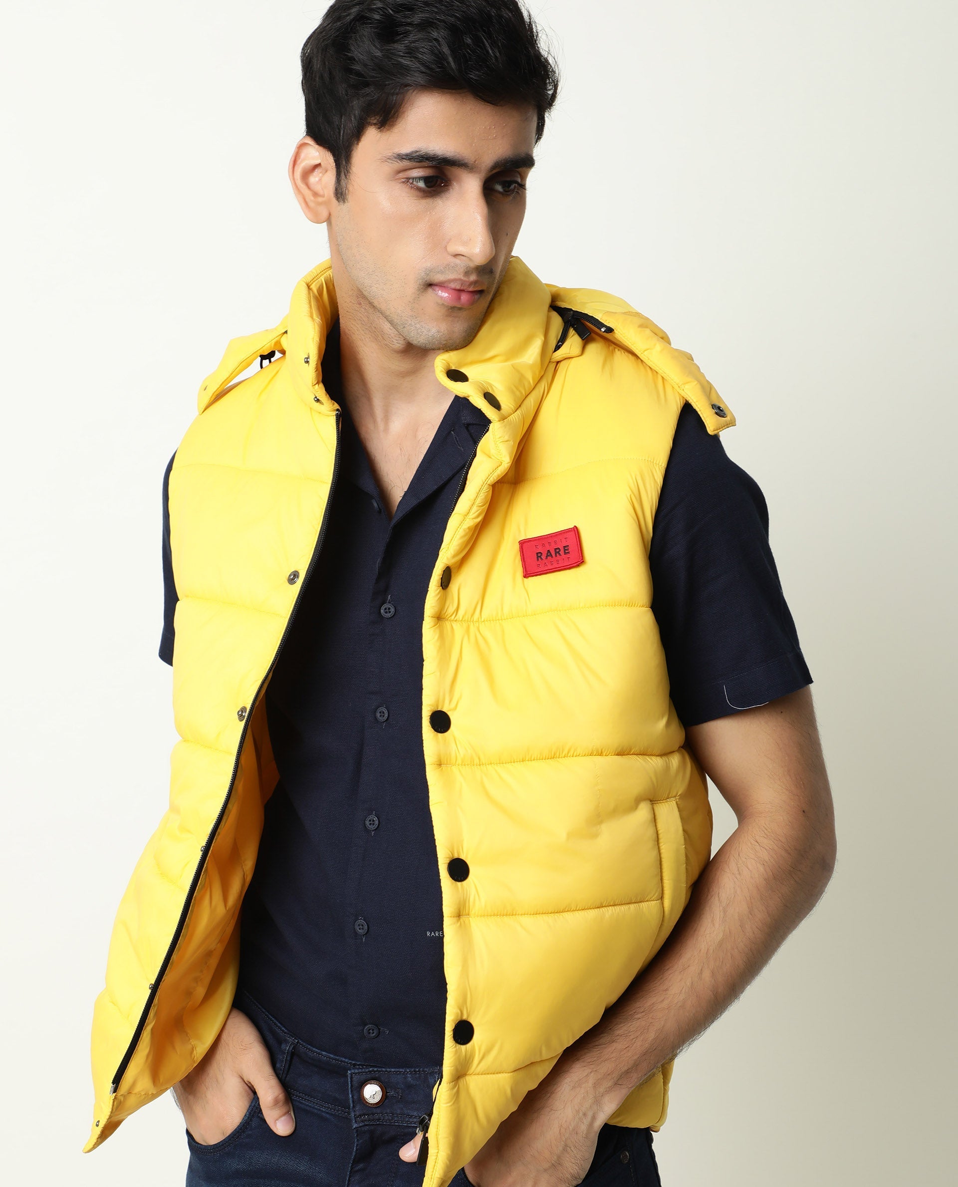 Rare Rabbit Men's Depot Yellow Plain Sleeveless Detachable Hood Puffer Jacket - view 6