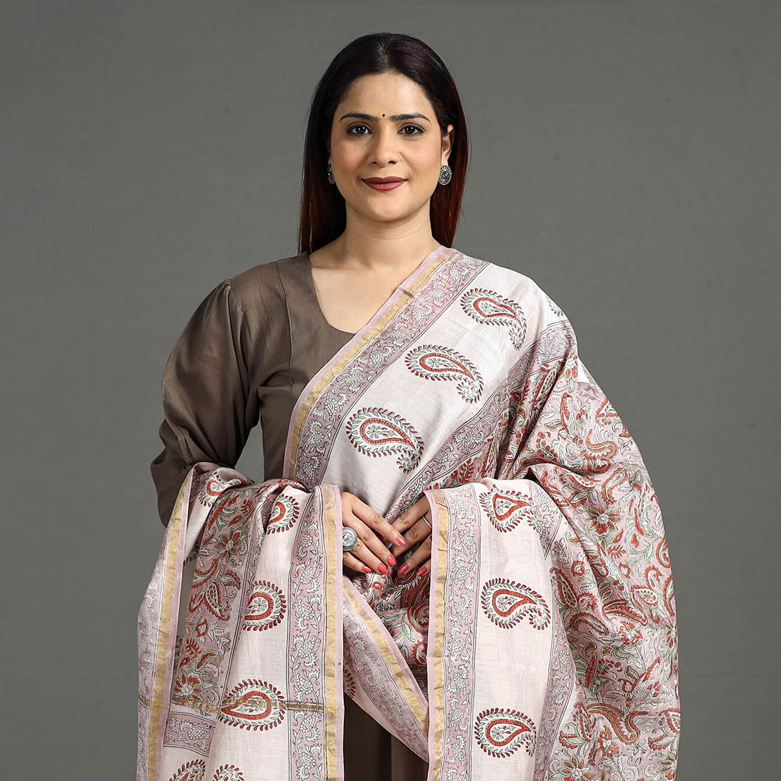 ARTISAN HAND BLOCK PRINTS Brown - Handloom Chanderi Silk Sanganeri Print Dupatta 42 - view 4