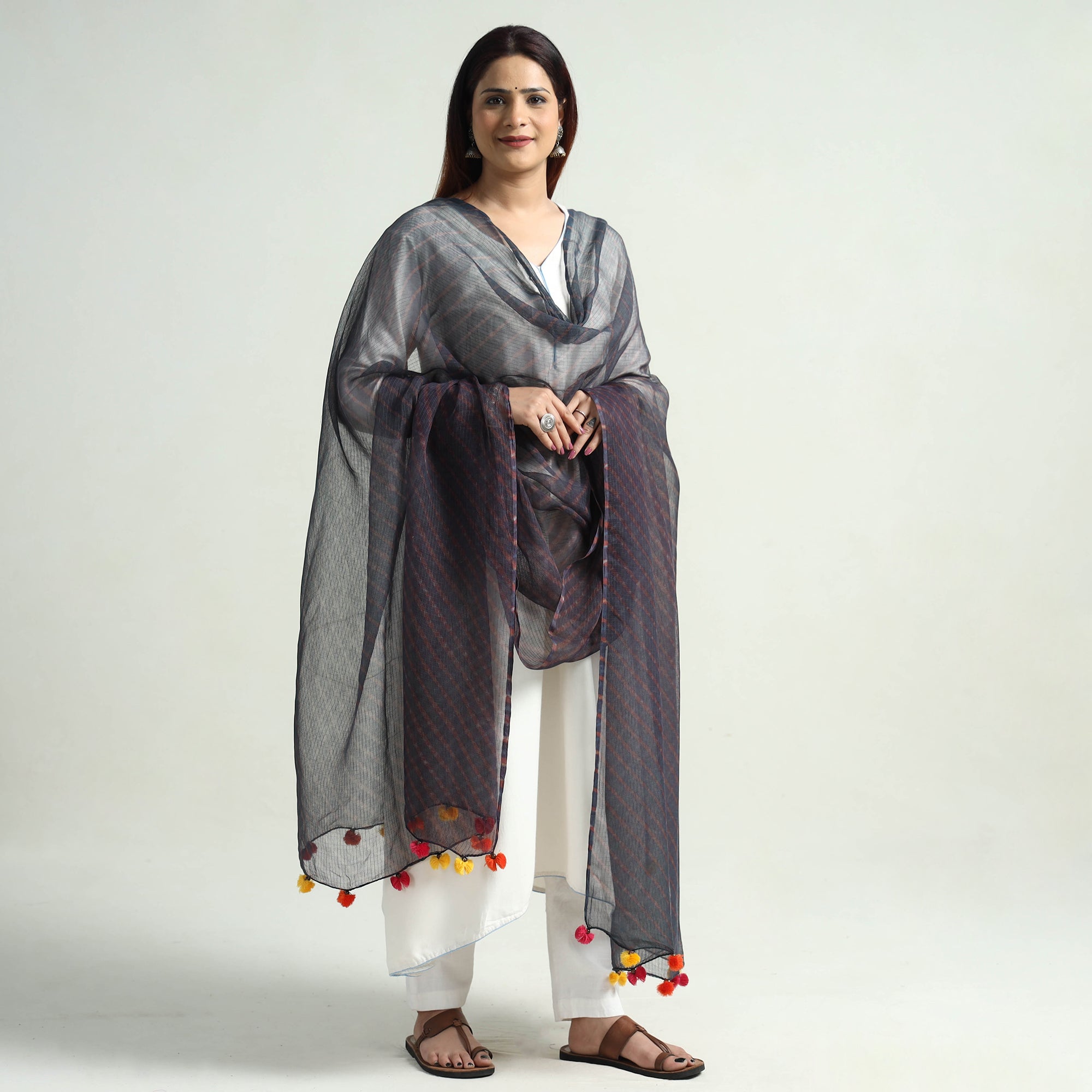 LEHARIYA BY BADSHAH MIYAN Black - Leheriya Tie-Dye Kota Doria Cotton Dupatta with Tassels 60 - view 2