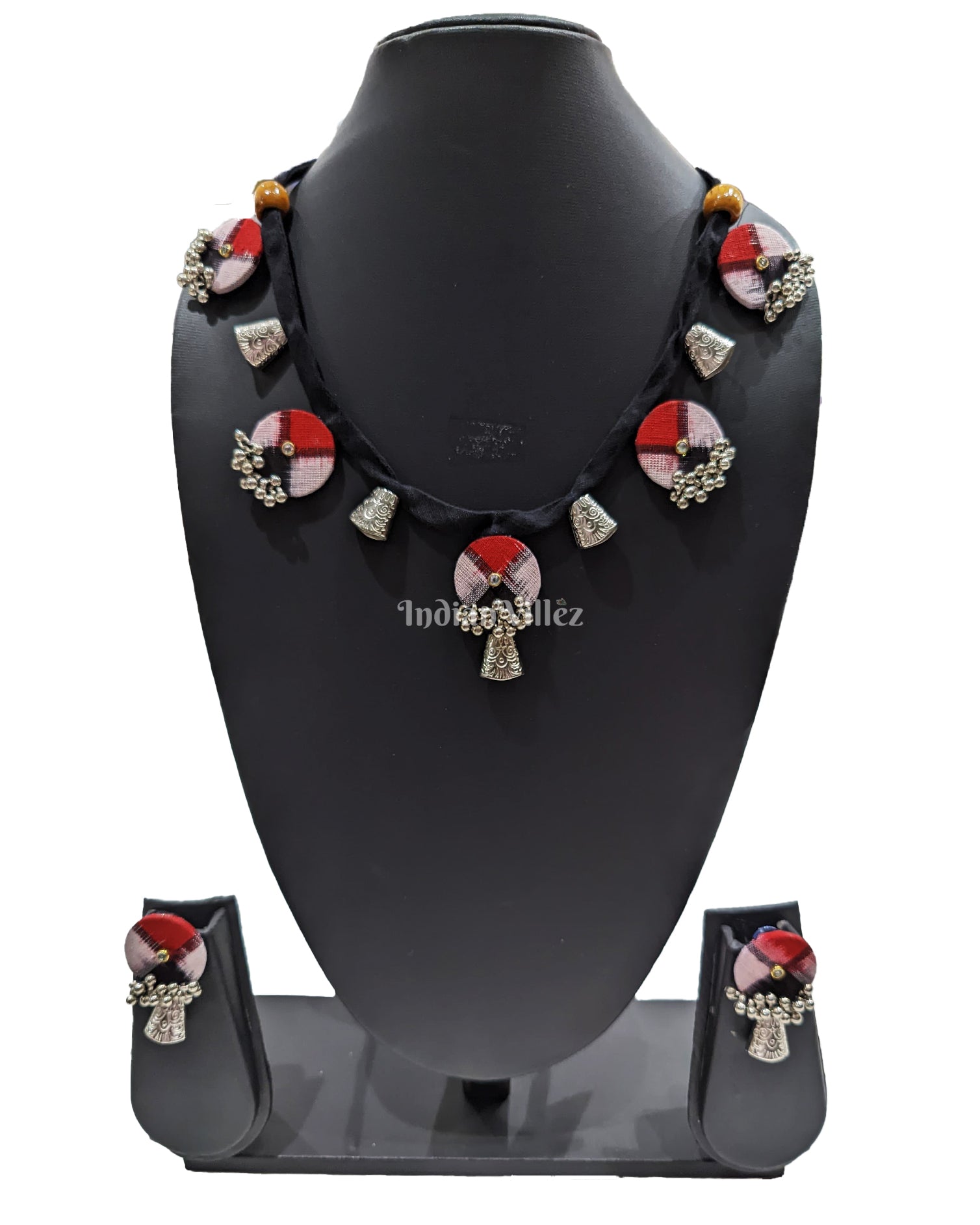 Necklace earrings set – IndianVillèz Red Black Coin Shape Traditional Beads Sambalpuri Fabric Choker Jewellery - Necklace & Earrings Set