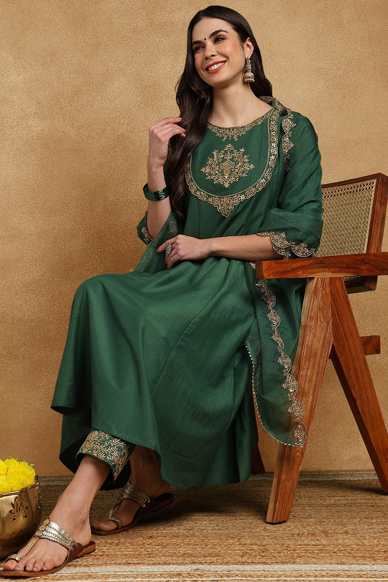 Ahika Green Silk Blend Solid Embroidered Anarkali Suit Set PKSKD2733 - view 6