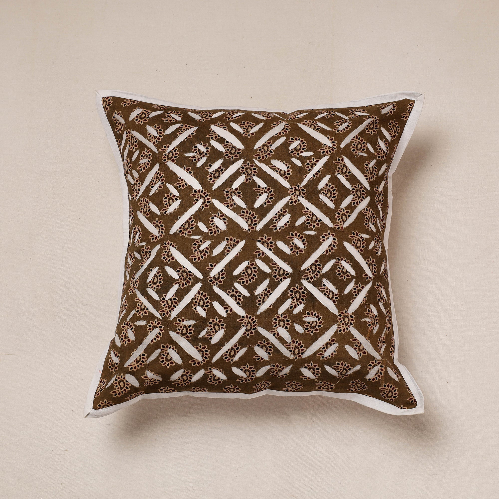 SHADES OF MARUDHARA Brown - Cutwork Cotton Applique Cushion Cover (16 x 16 in)