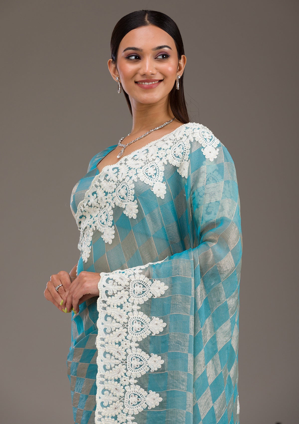 Koskii Turquoise Blue Pearlwork Tissue Saree – Women's - view 9