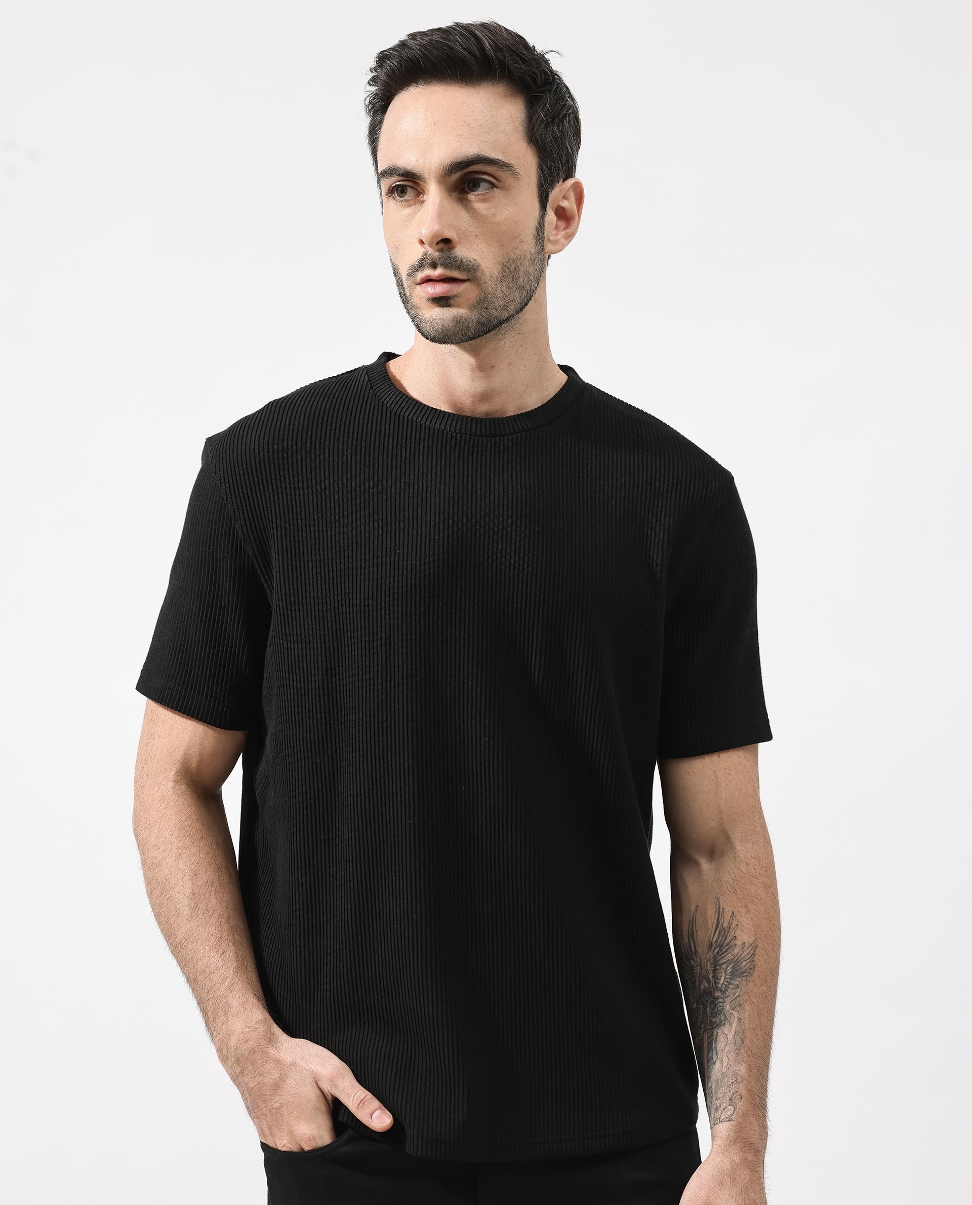 Rare Rabbit Men's Bree Black Crew Neck Ottoman Textured Drop Shoulder Half Sleeves Oversized Fit T-Shirt - view 6