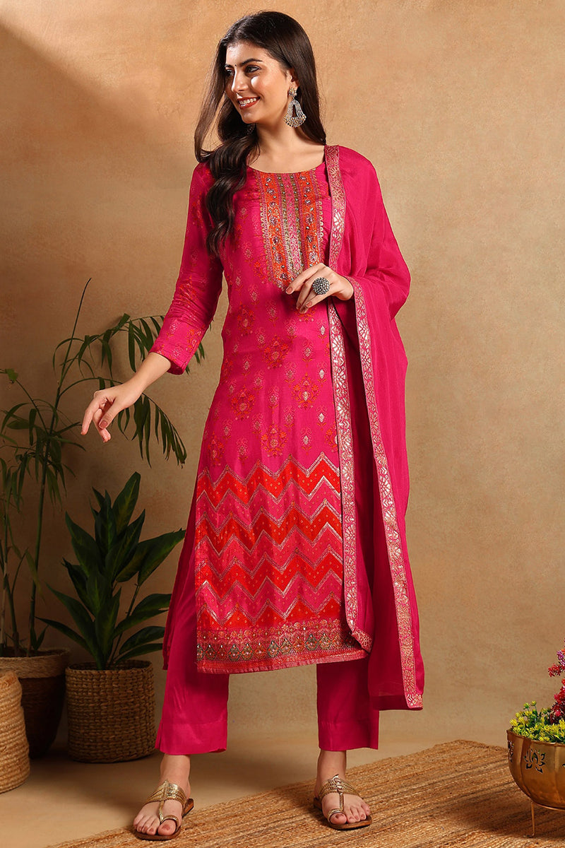 Ahika Pink Silk Ethnic Motifs Woven Design Straight Trouser Suit Set PKSKD2658 - view 5