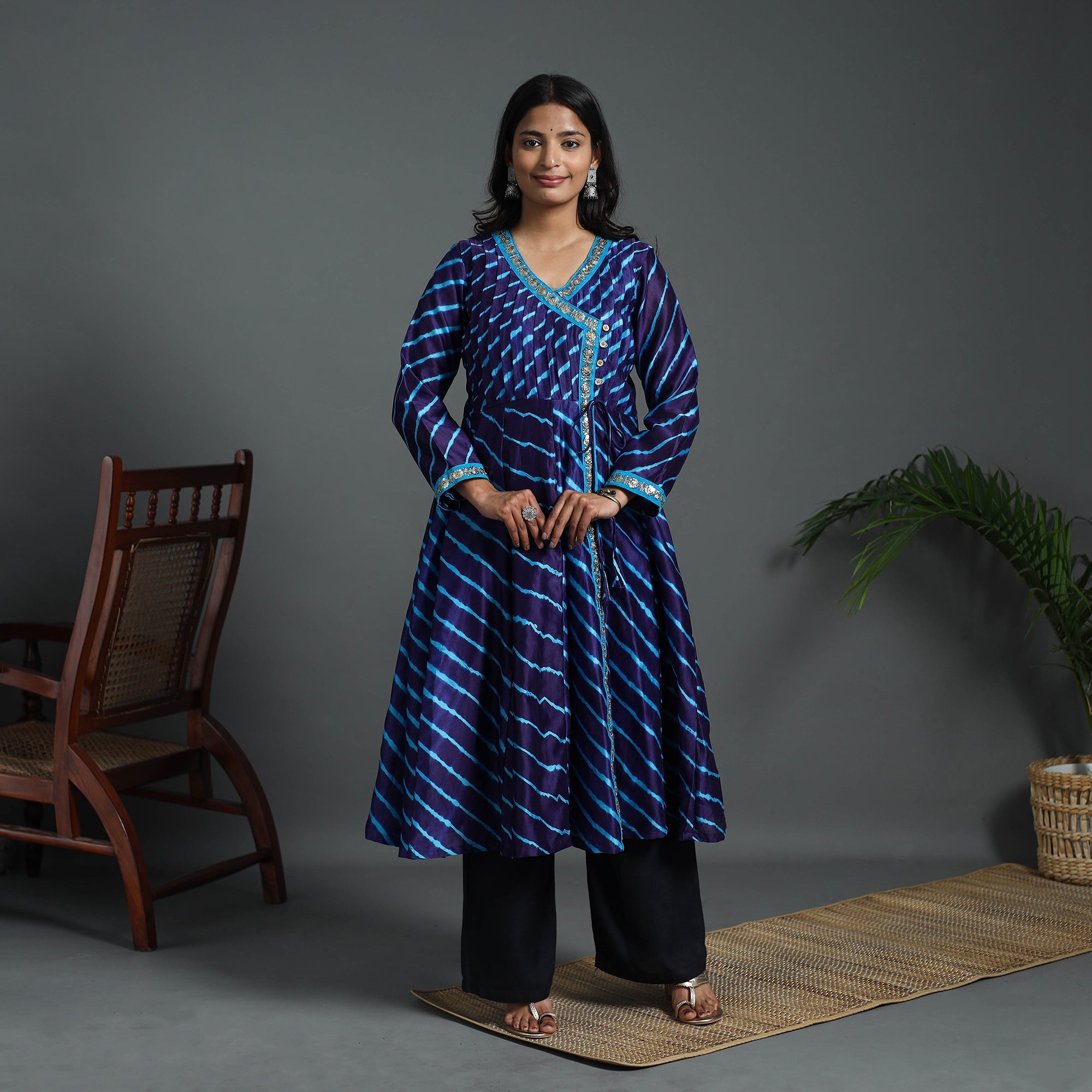 ITOKRI CASUALS Blue - Angrakha Handloom Chanderi Silk Tie-Dye Leheriya Kurta 03