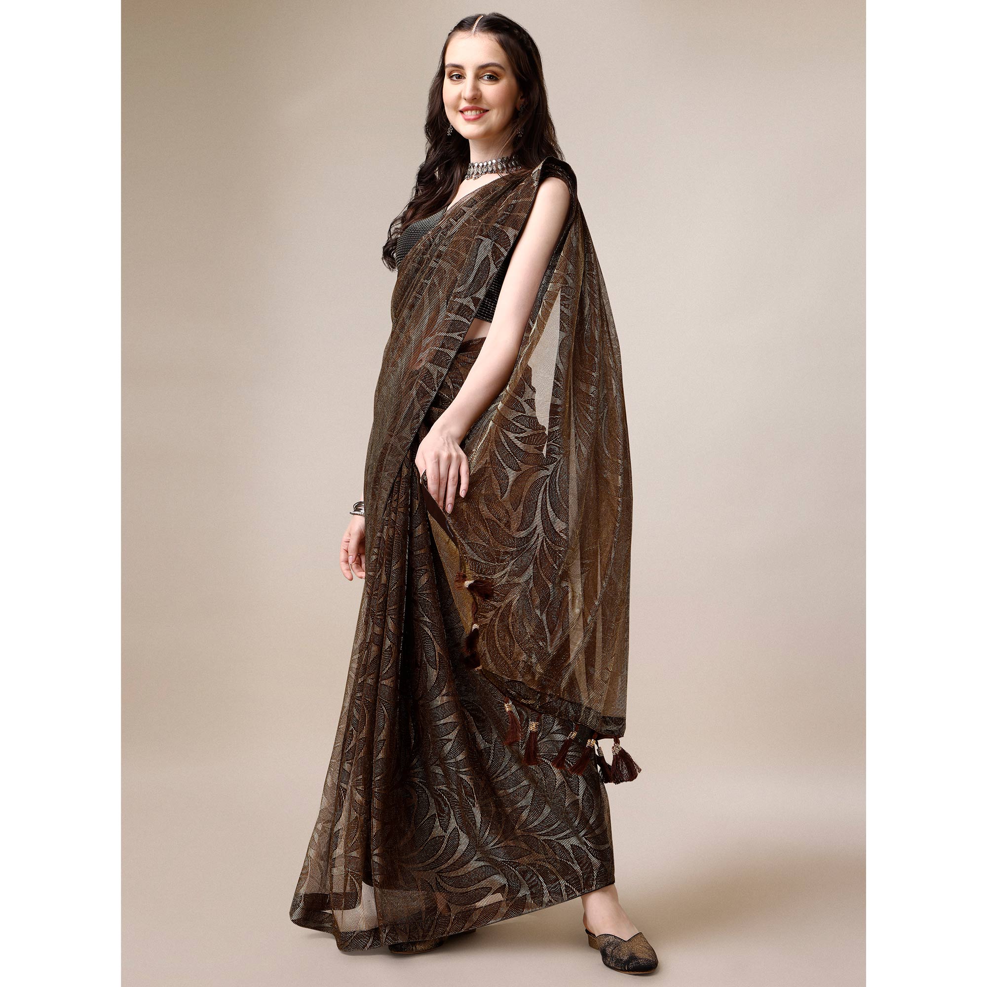 Peachmode Brown Floral Printed Rayon Saree – Women's - view 4