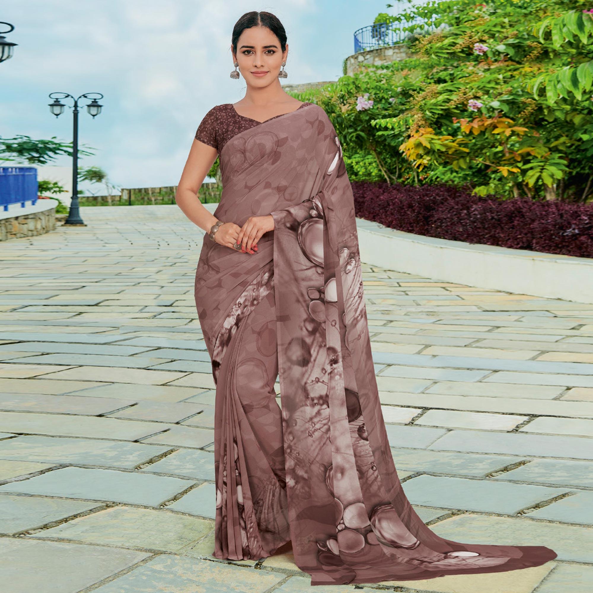 Peachmode Brown Printed Georgette Saree – Women's