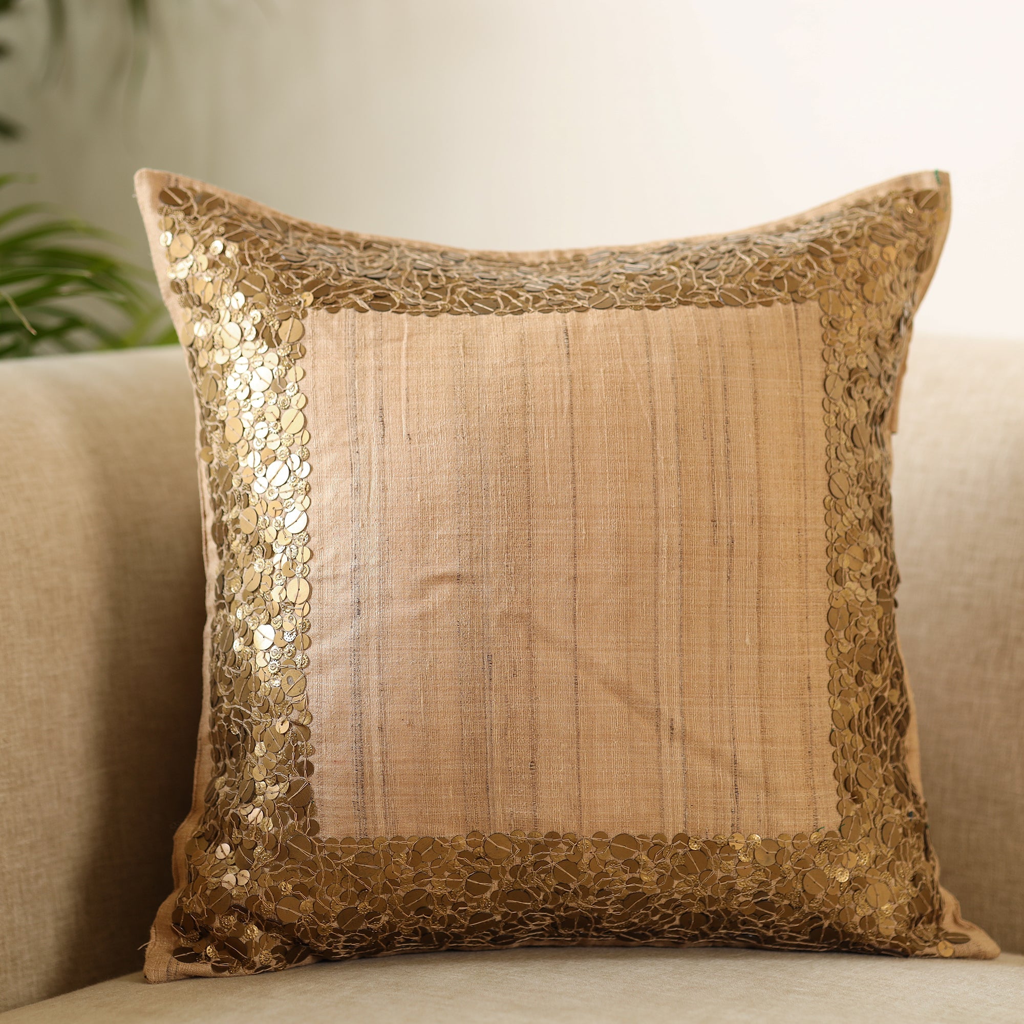 CHHATTISGARH HASTSHILP VIKAS BOARD Brown - Aari Embroidery Sequin Work Mercerised Ghicha Silk Cushion Cover (16 x 16 in) - view 2