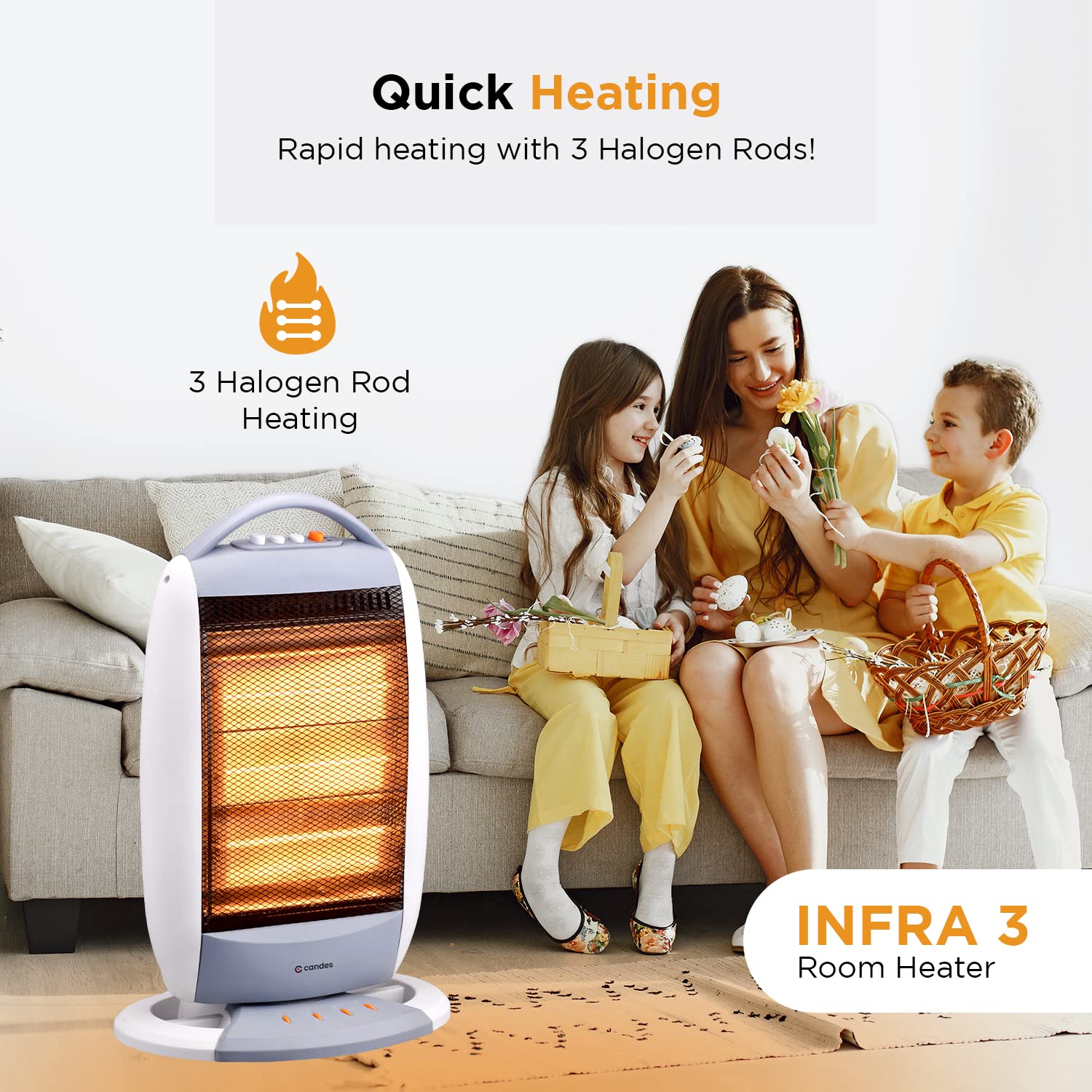 Candes New Infra3 1200 Watt Noiseless Portable Halogen Room Heater with Auto Moving Feature upto 180 degree ABS Body 3 Stage Heating Controller Overhe - view 2