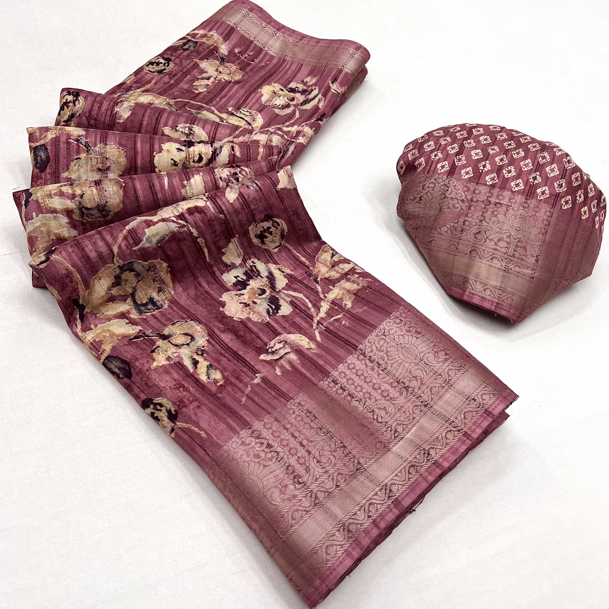 Peachmode Mauve Printed With Woven Border Cotton Blend Saree