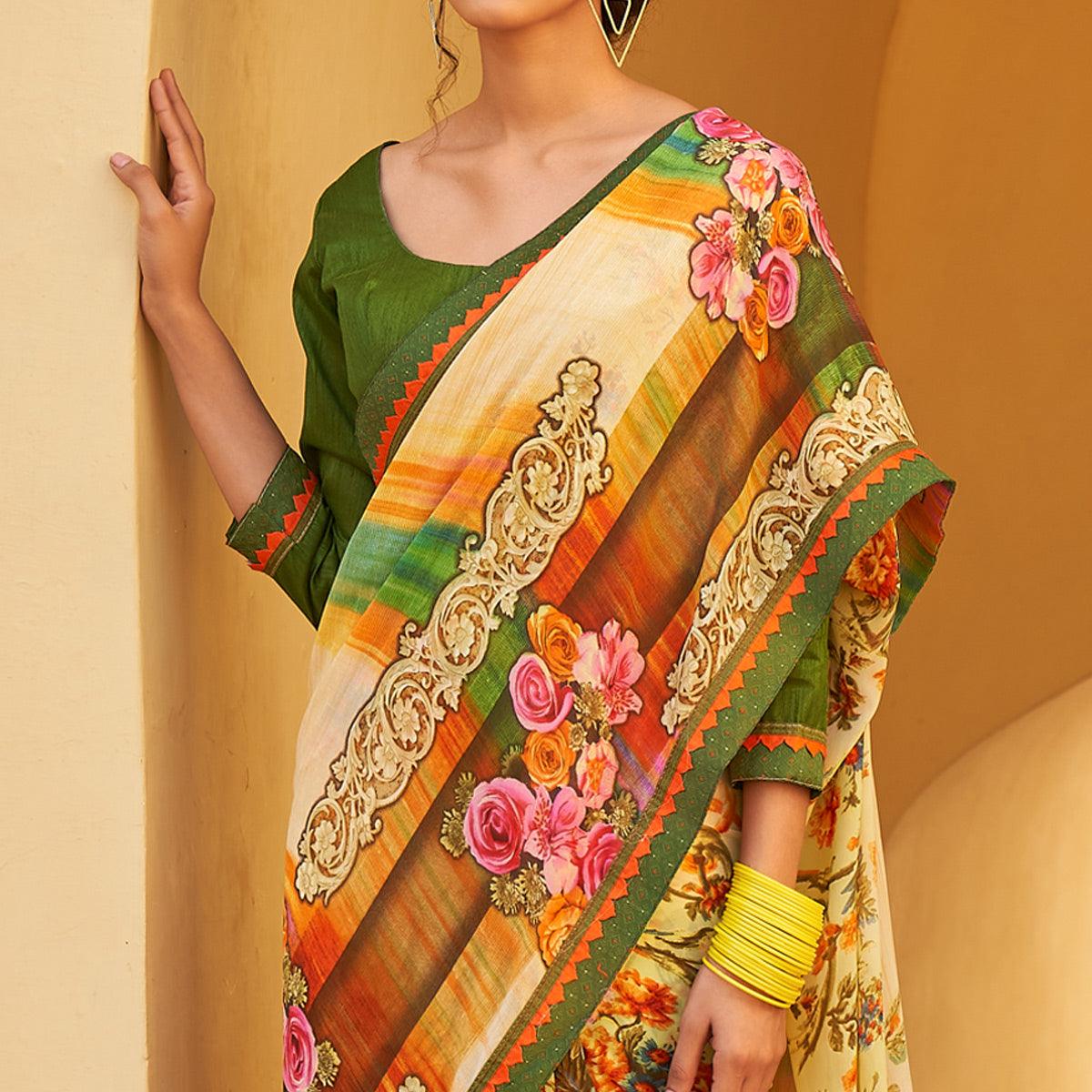 Peachmode Cream Printed Georgette Saree – Women's - view 2