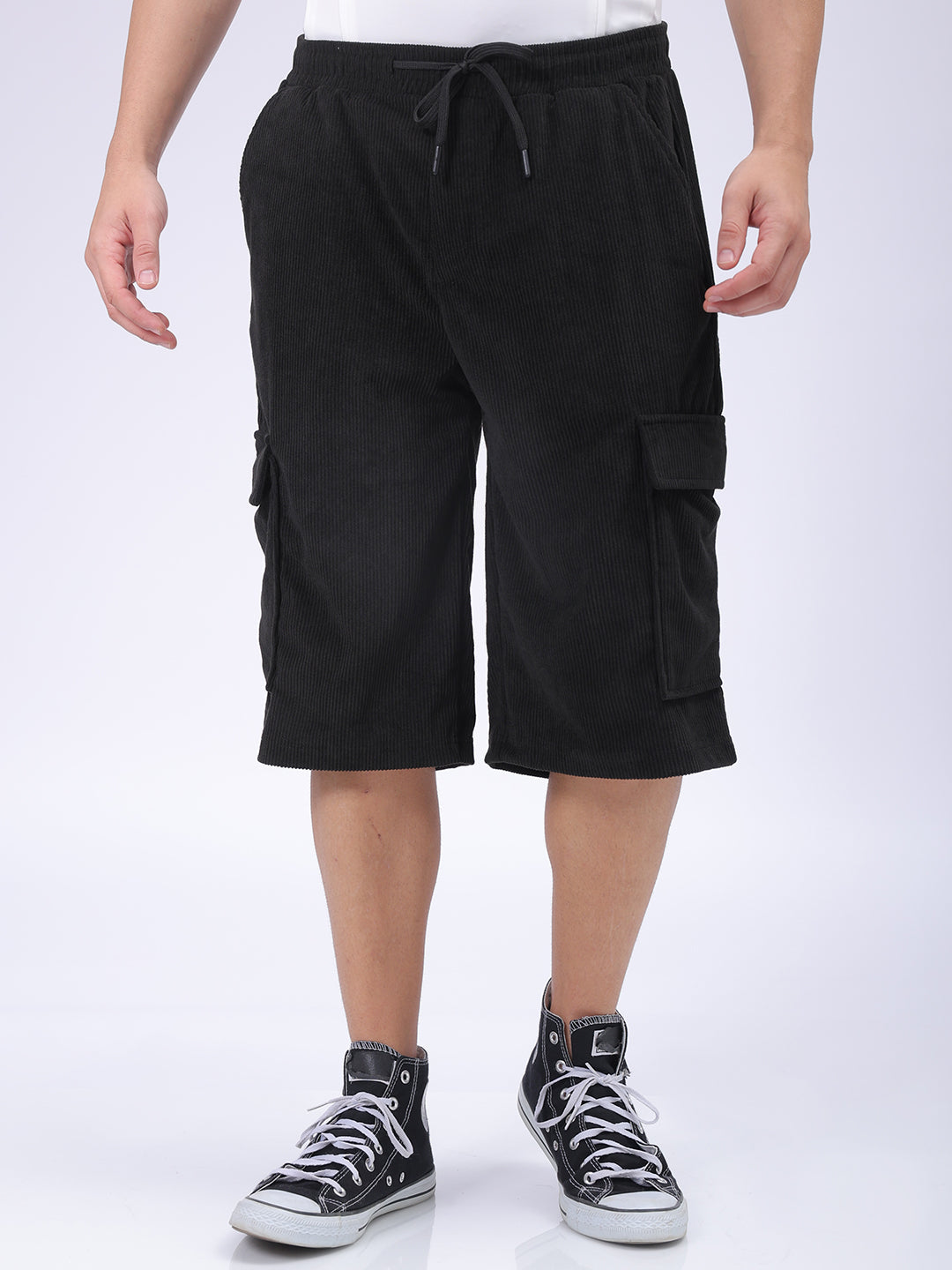 The Indian Garage Co Men's Black Loose Textured Utility Cargo Shorts