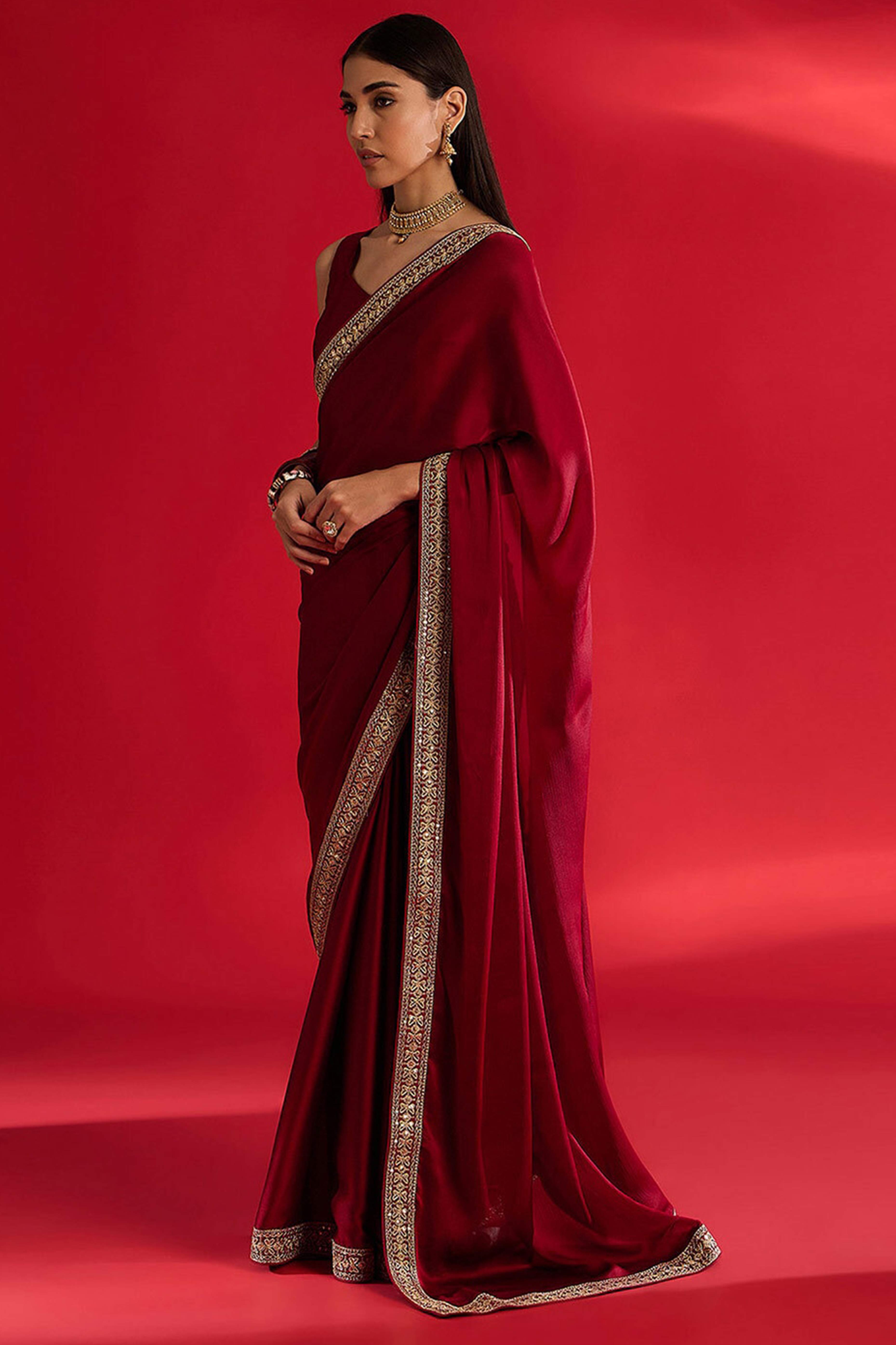 Peachmode Maroon Solid With Embellished Bordered Chiffon Sarees - view 3