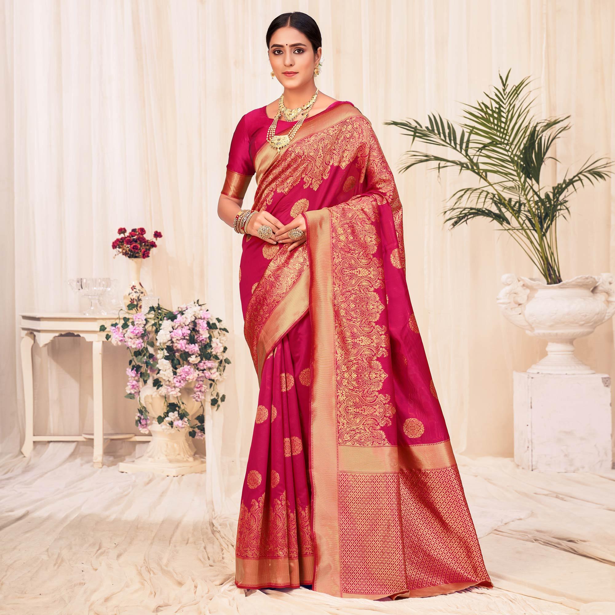 Peachmode Dark Pink Festive Wear Woven Banarasi Silk Saree
